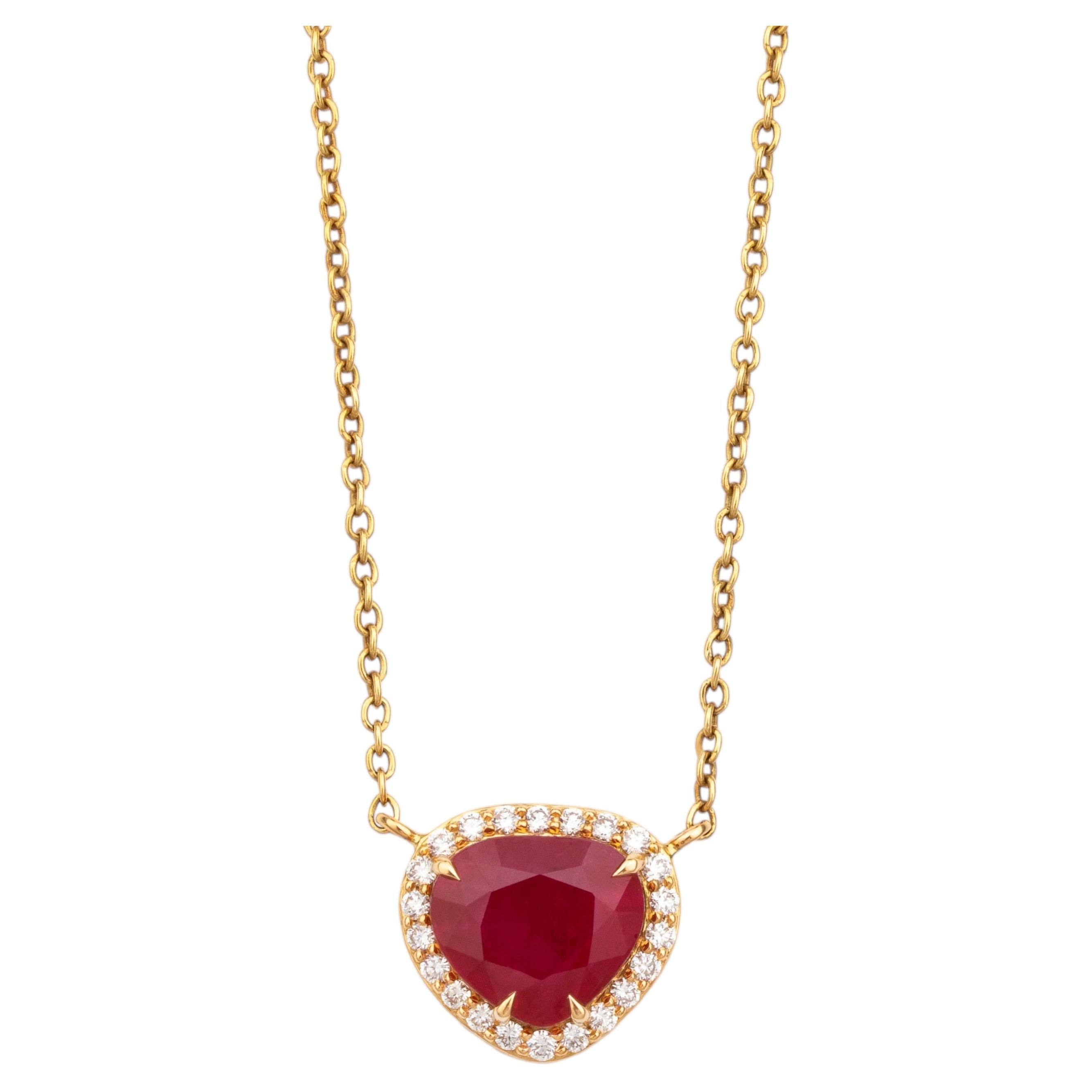 Contemporary Heart-Shape Ruby & Diamond Halo Pendant Necklace in 18K Yellow Gold