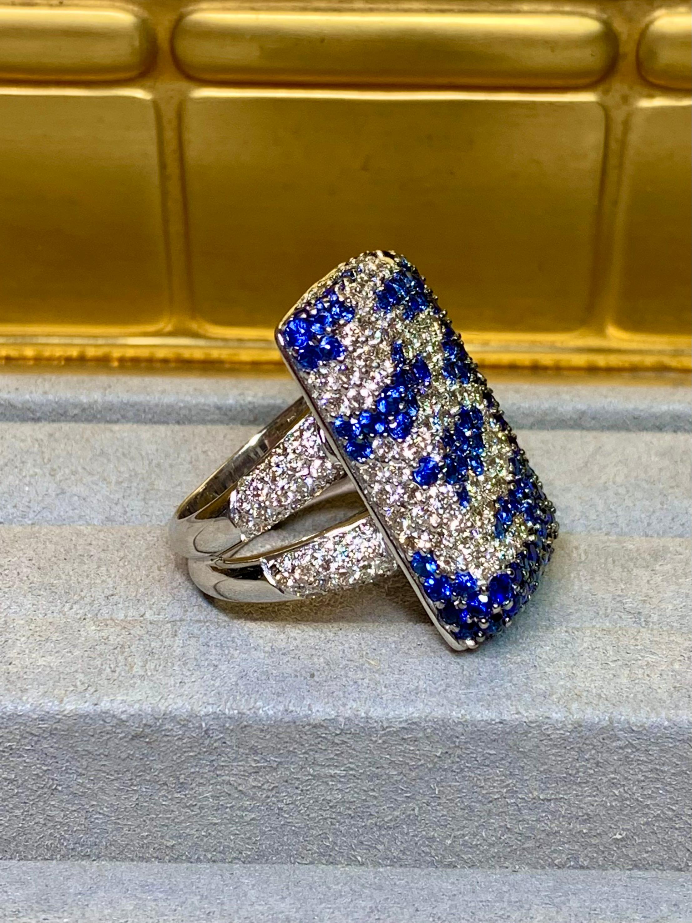 Round Cut Contemporary Heavy 18K Pavé Diamond Sapphire Rectangular Cushion Cocktail Ring For Sale