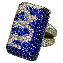 Contemporary Heavy 18K Pavé Diamond Sapphire Rectangular Cushion Cocktail Ring
