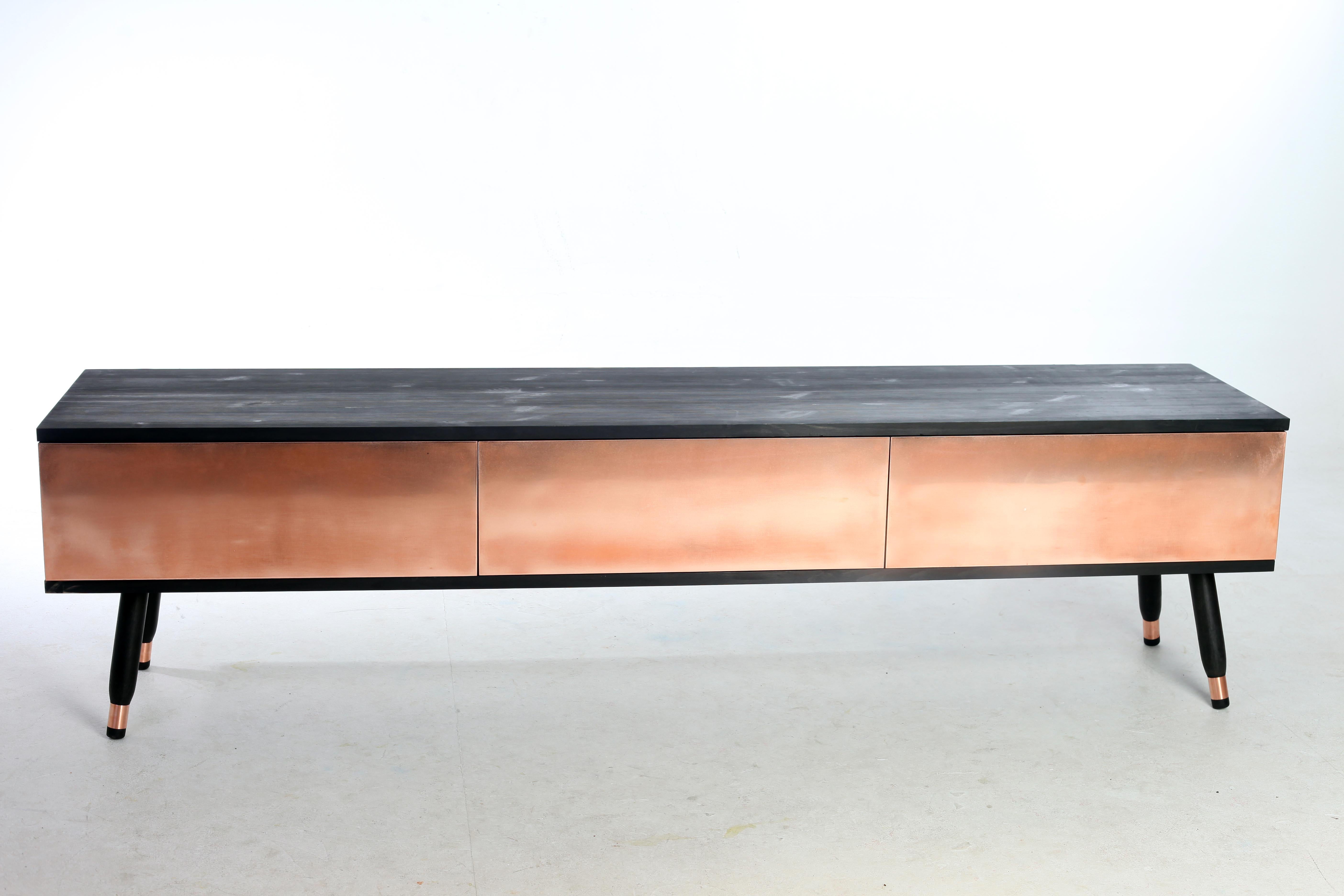 Latvian Contemporary Hekla media console in white wood, Copper, Railis Design For Sale