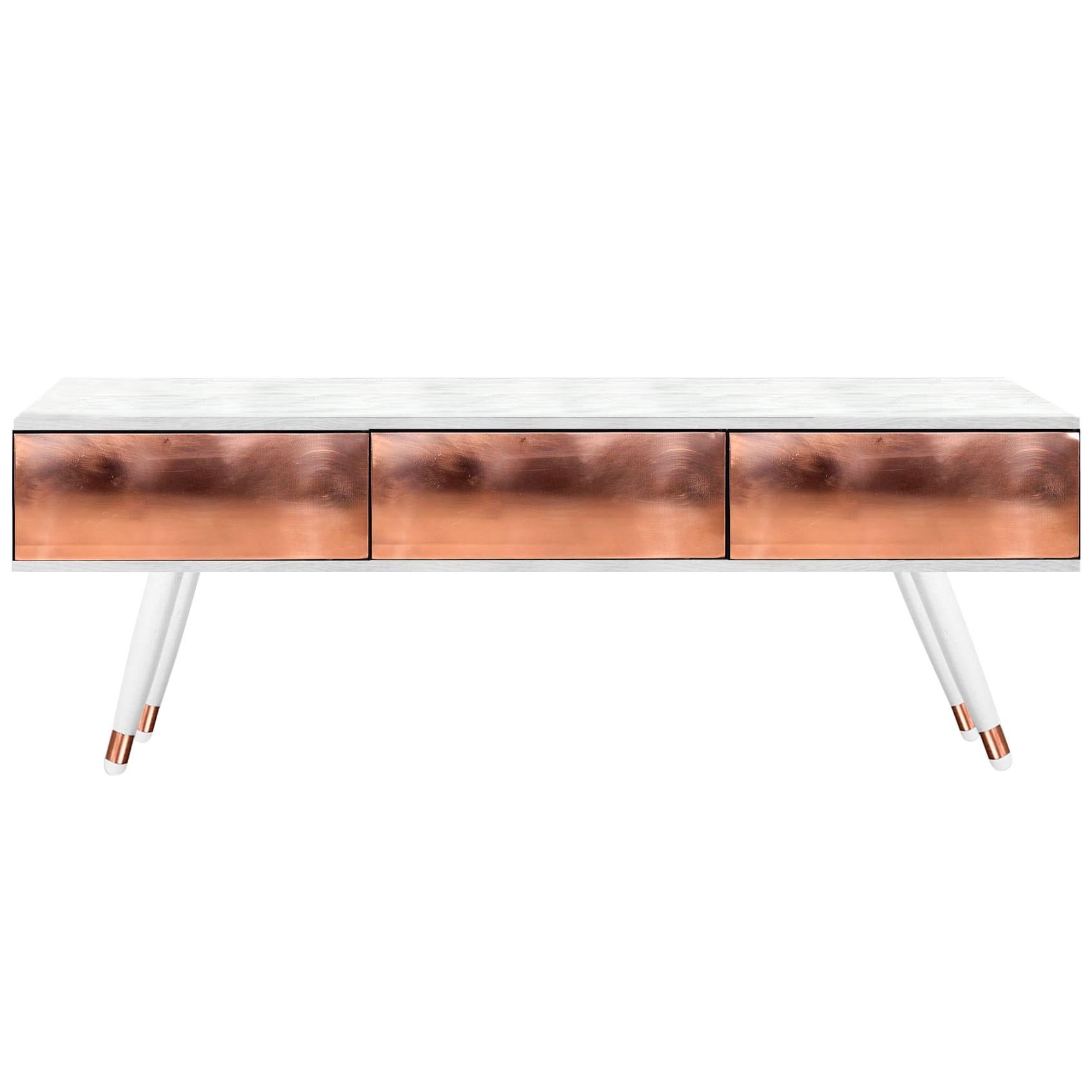 Contemporary Hekla media console in white wood, Copper, Railis Design For Sale
