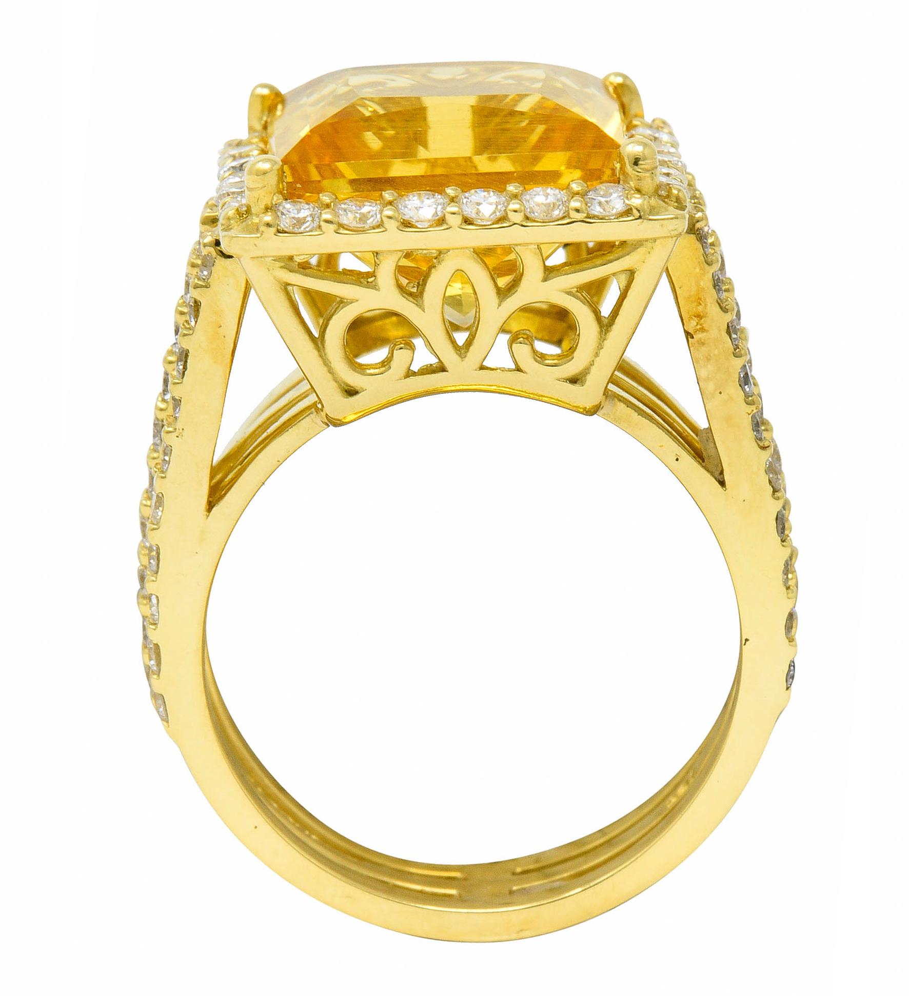 Contemporary Heliodor Golden Beryl Diamond Halo 18 Karat Gold Cocktail Ring 2