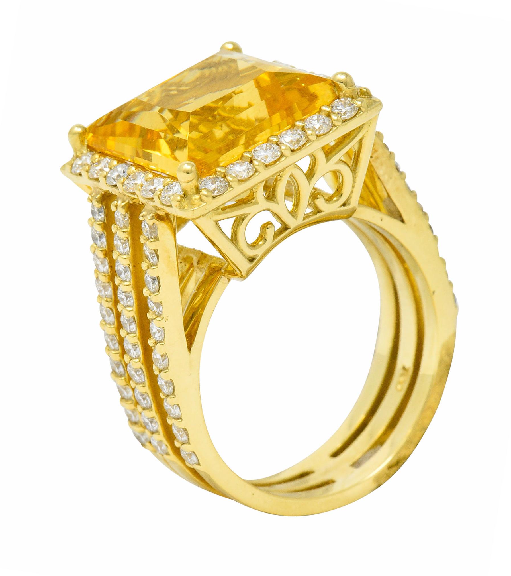 Contemporary Heliodor Golden Beryl Diamond Halo 18 Karat Gold Cocktail Ring 4