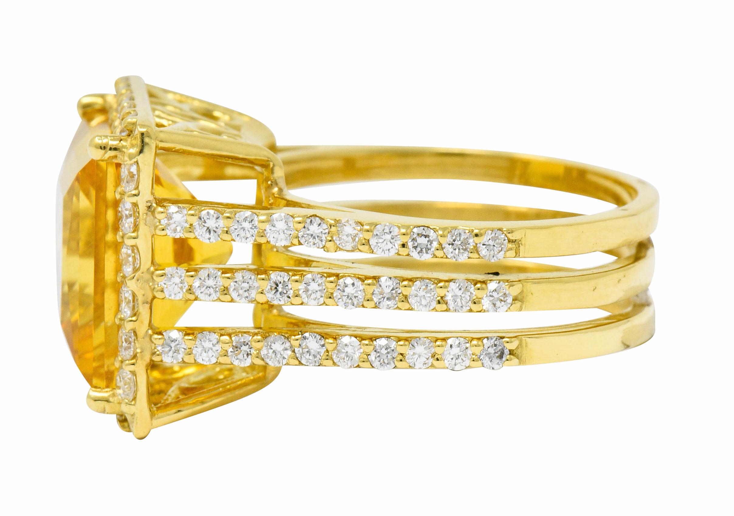 Princess Cut Contemporary Heliodor Golden Beryl Diamond Halo 18 Karat Gold Cocktail Ring