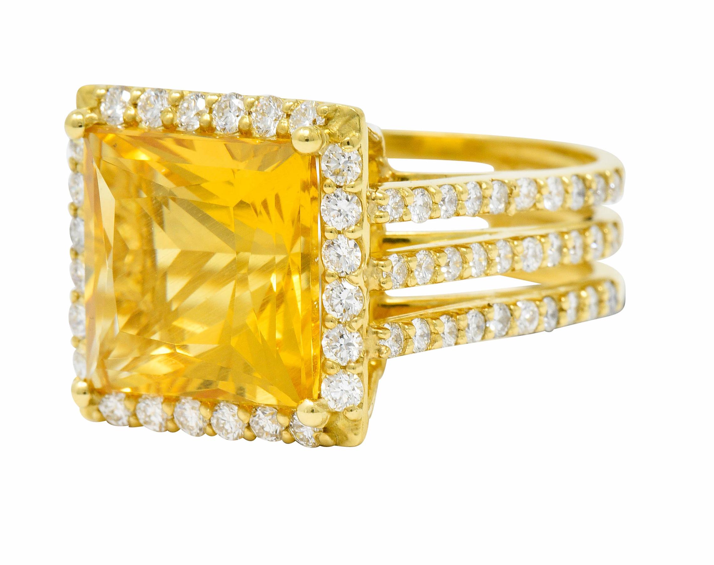 Contemporary Heliodor Golden Beryl Diamond Halo 18 Karat Gold Cocktail Ring In Excellent Condition In Philadelphia, PA