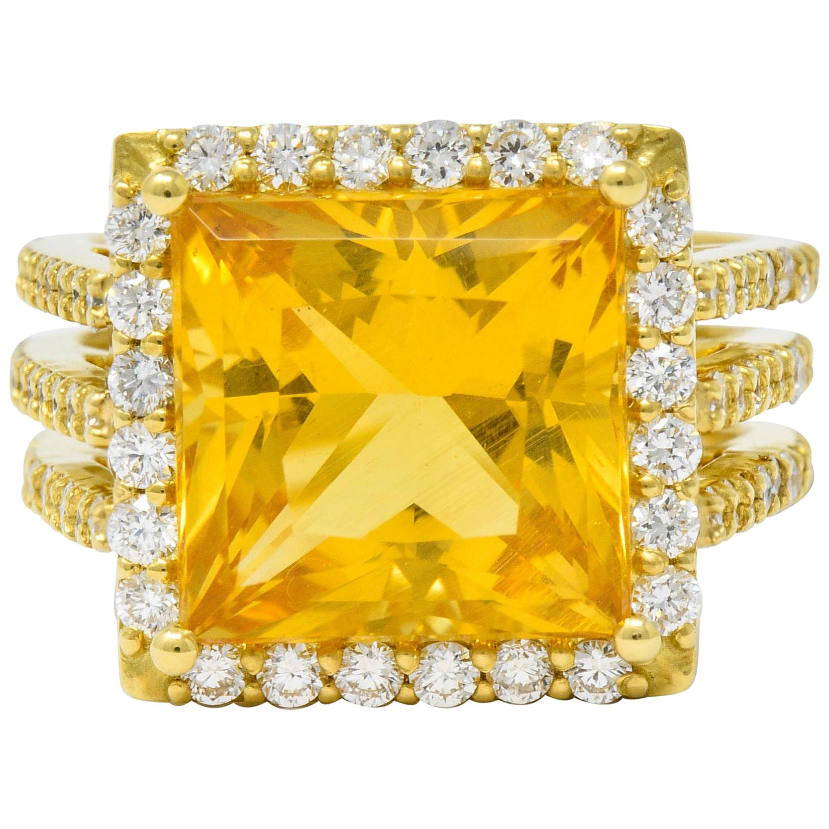 Contemporary Heliodor Golden Beryl Diamond Halo 18 Karat Gold Cocktail Ring