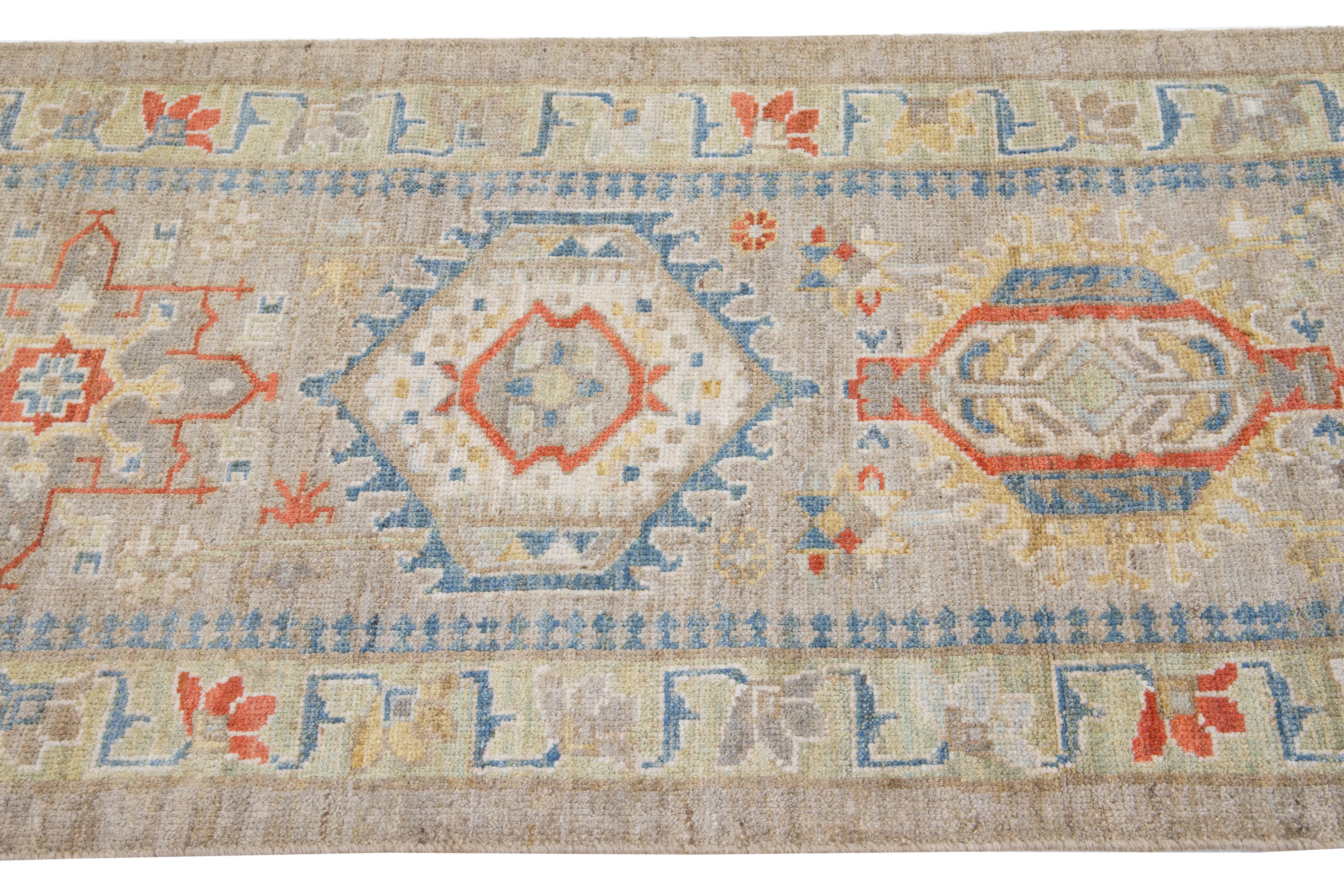 Persian Contemporary Heriz Handmade Wool Runner with Multicolor Floral Design For Sale