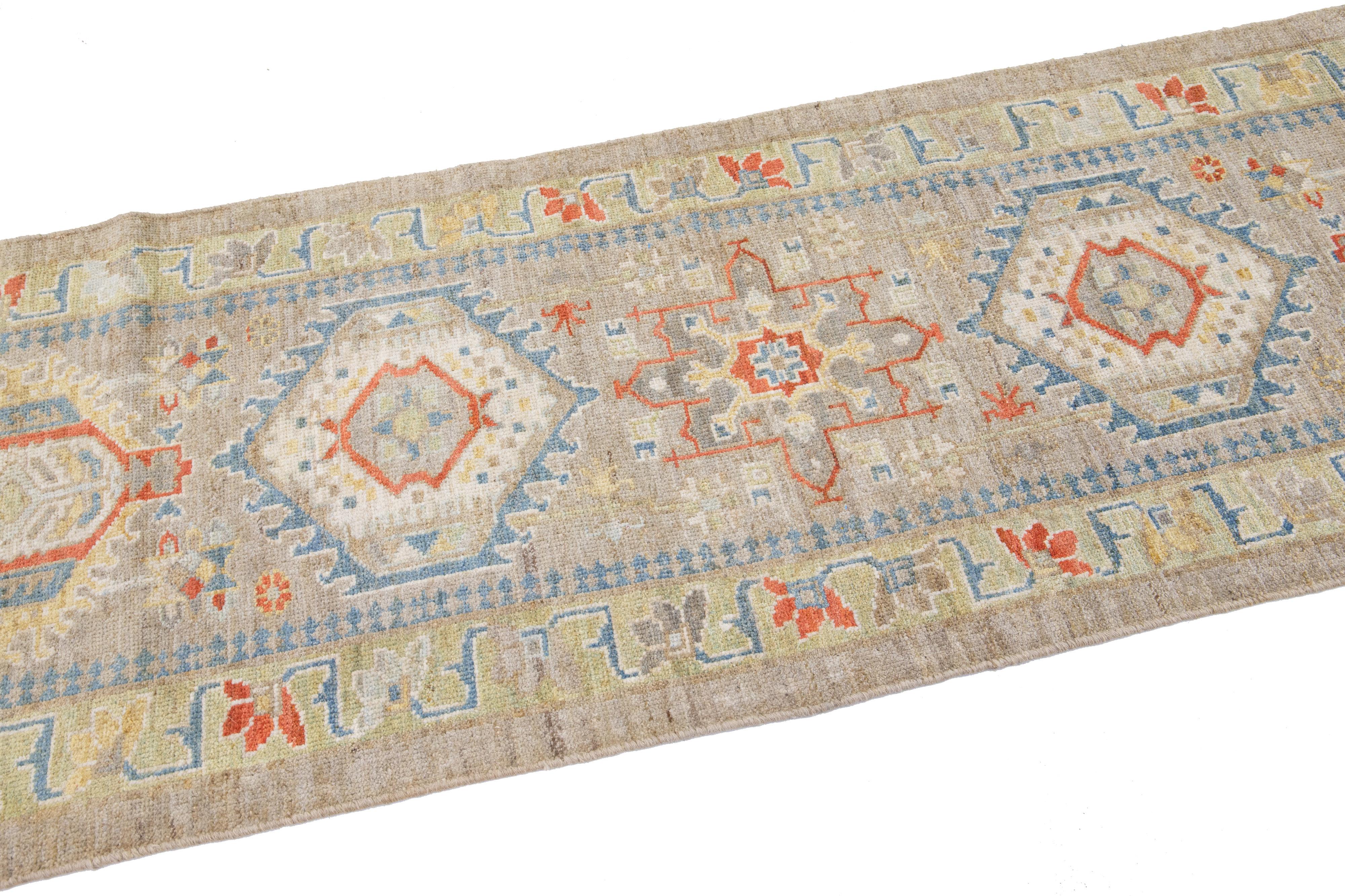 Contemporary Heriz Handmade Wool Runner with Multicolor Floral Design For Sale 2