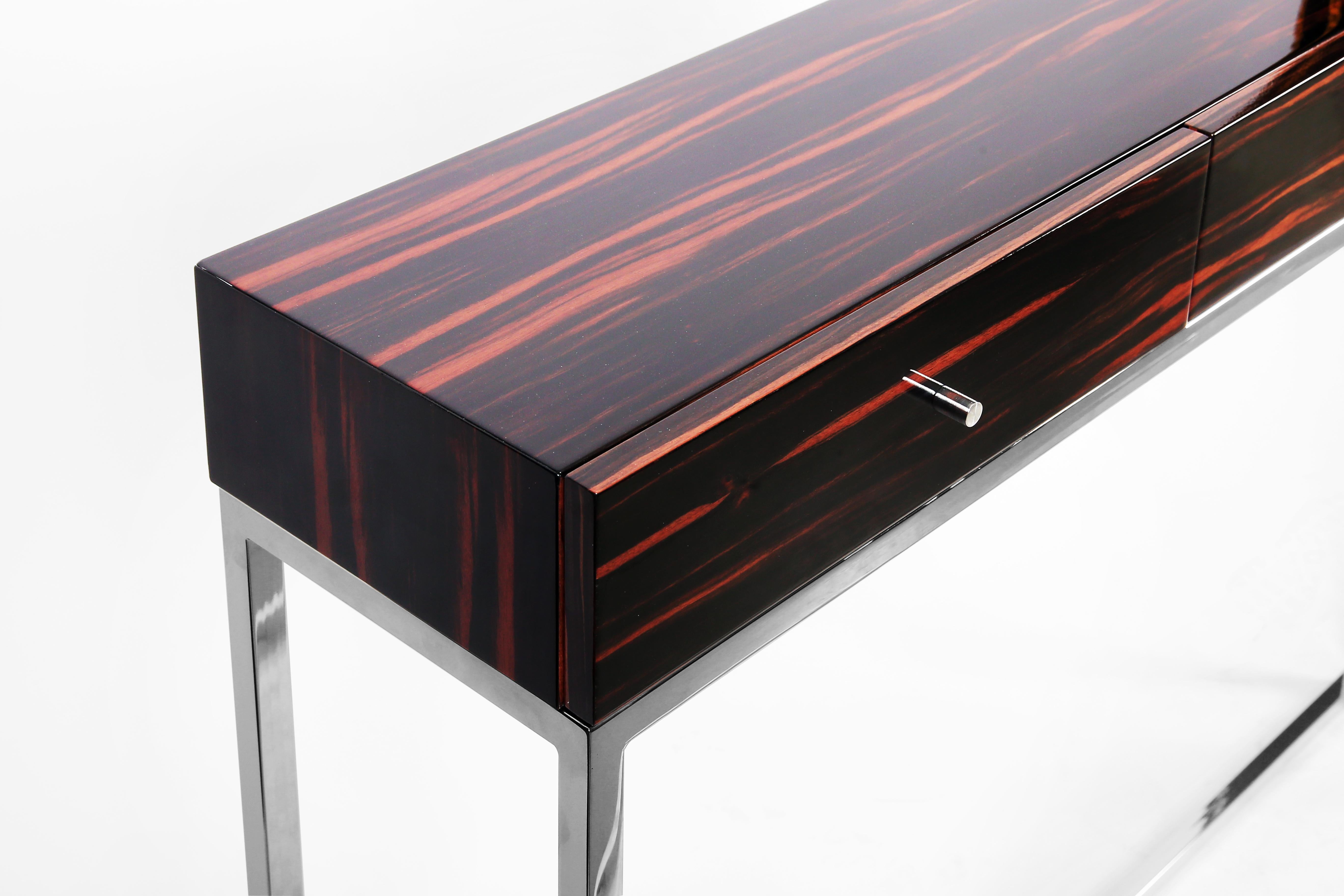 Modern Contemporary Hermes Console in Macassar Ebony, High Gloss Finish For Sale