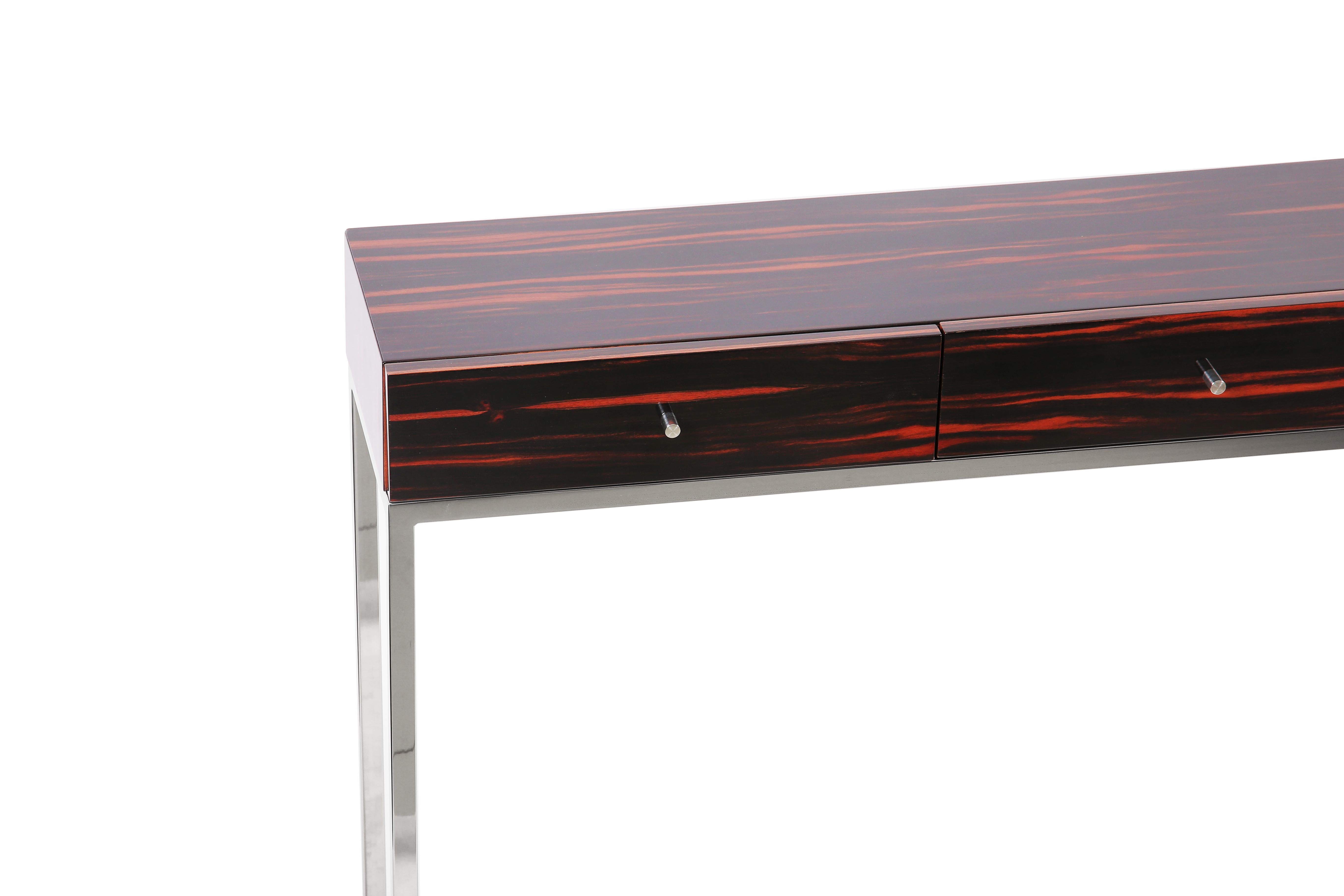 Stainless Steel Contemporary Hermes Console in Macassar Ebony, High Gloss Finish For Sale
