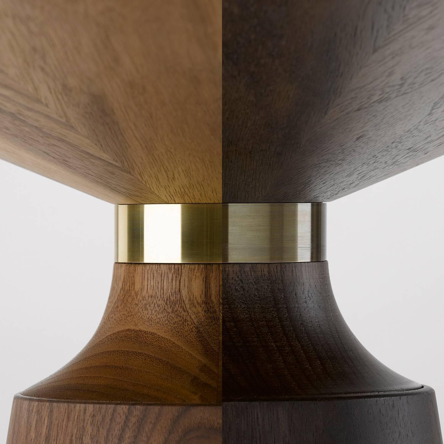 English Contemporary Hex Dining Table in Oak or Walnut with Machine turned solid Brass For Sale