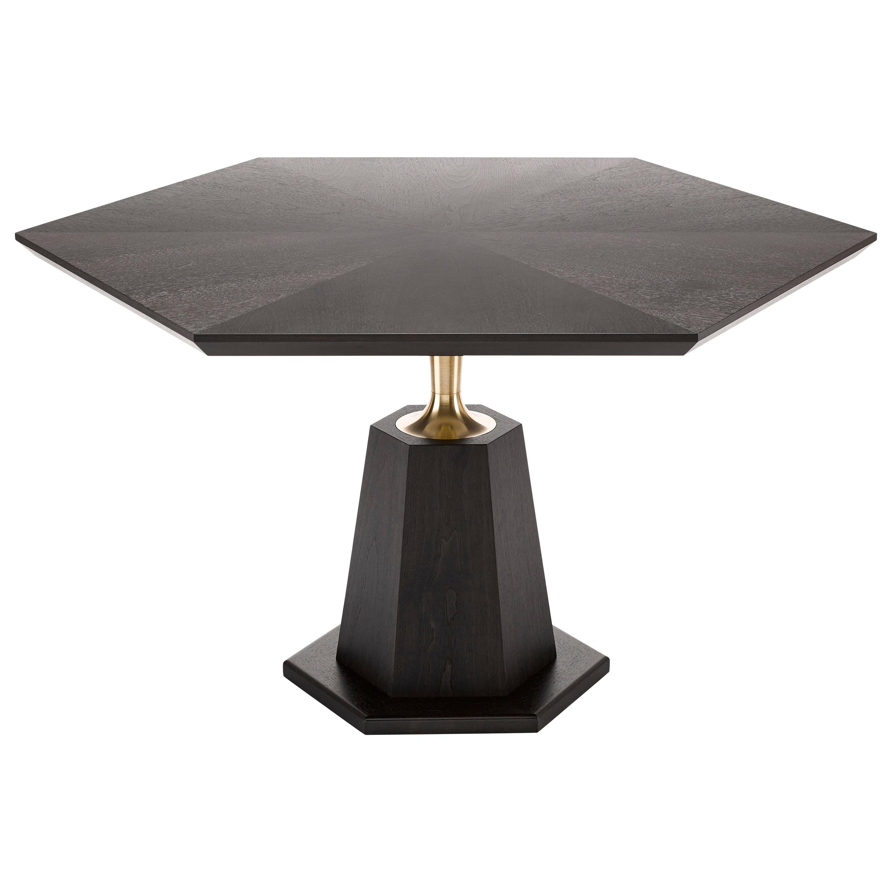Contemporary Hex Dining Table in Oak or Walnut with Machine turned solid Brass For Sale