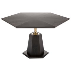 Contemporary Hex Dining Table in Oak or Walnut with Machined Brass