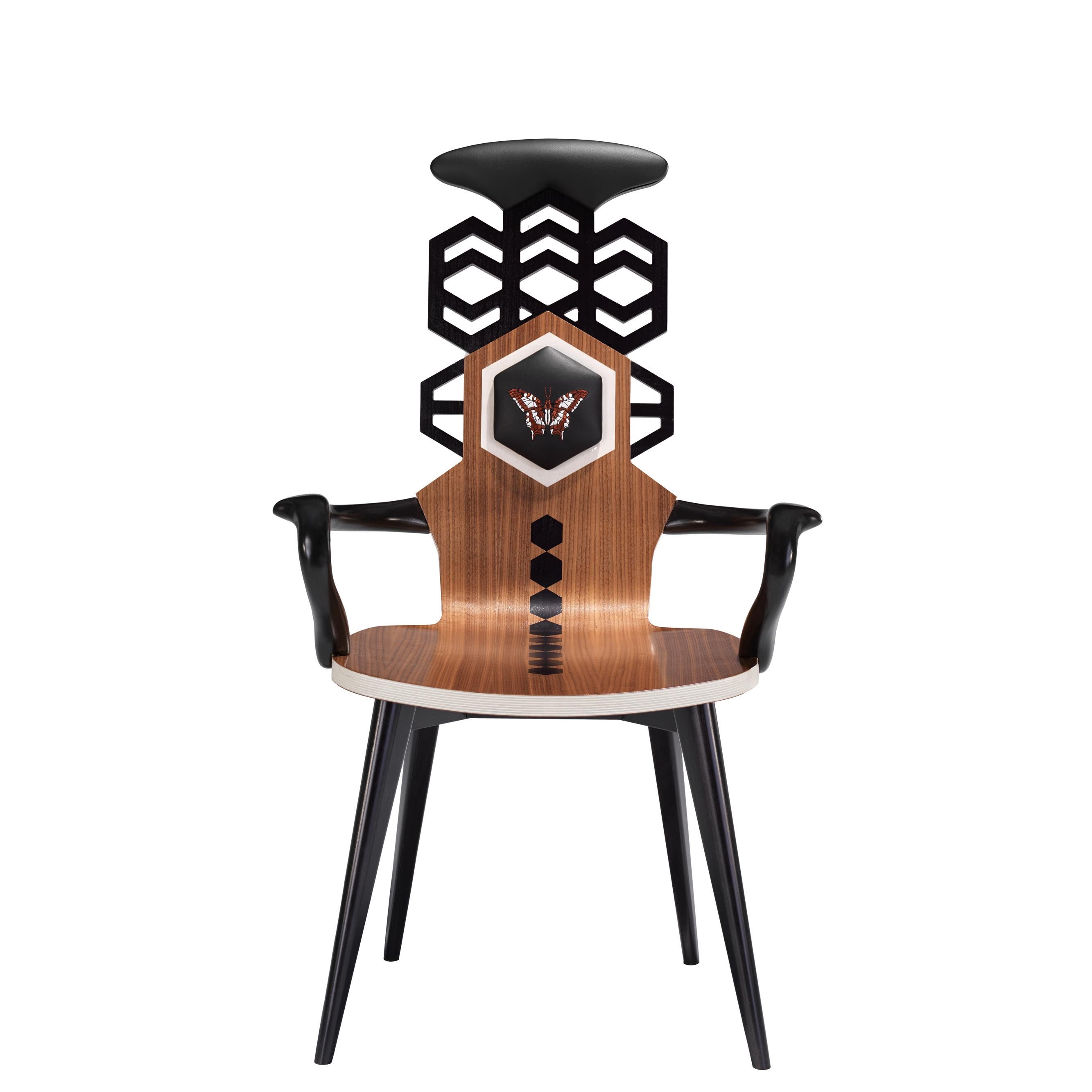 Contemporary Hex High Chair in Walnut Canaletto Wood and Leather For Sale