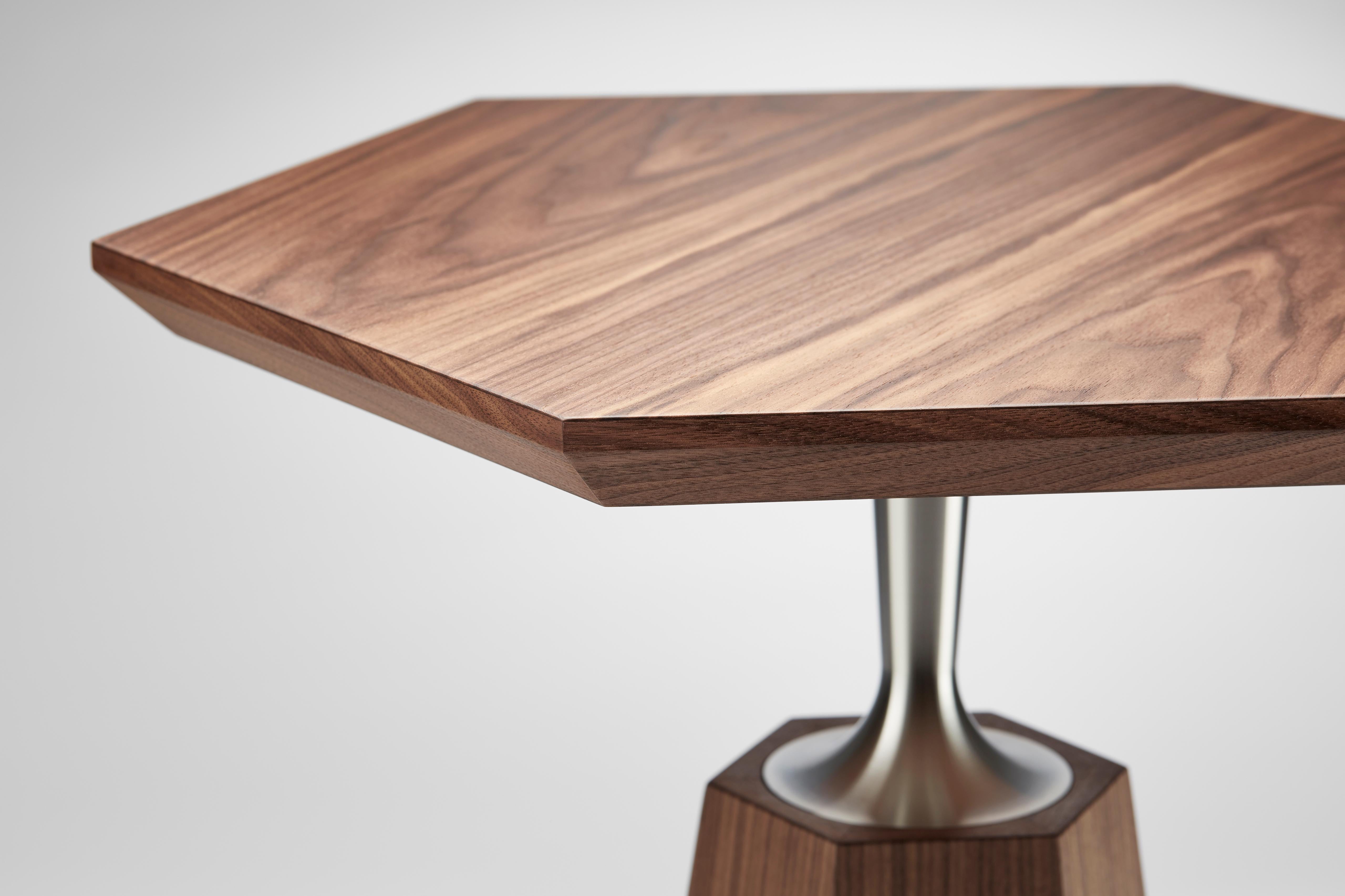 English Contemporary Hex Lamp Table in Oak or Walnut and Machined turned Brass For Sale