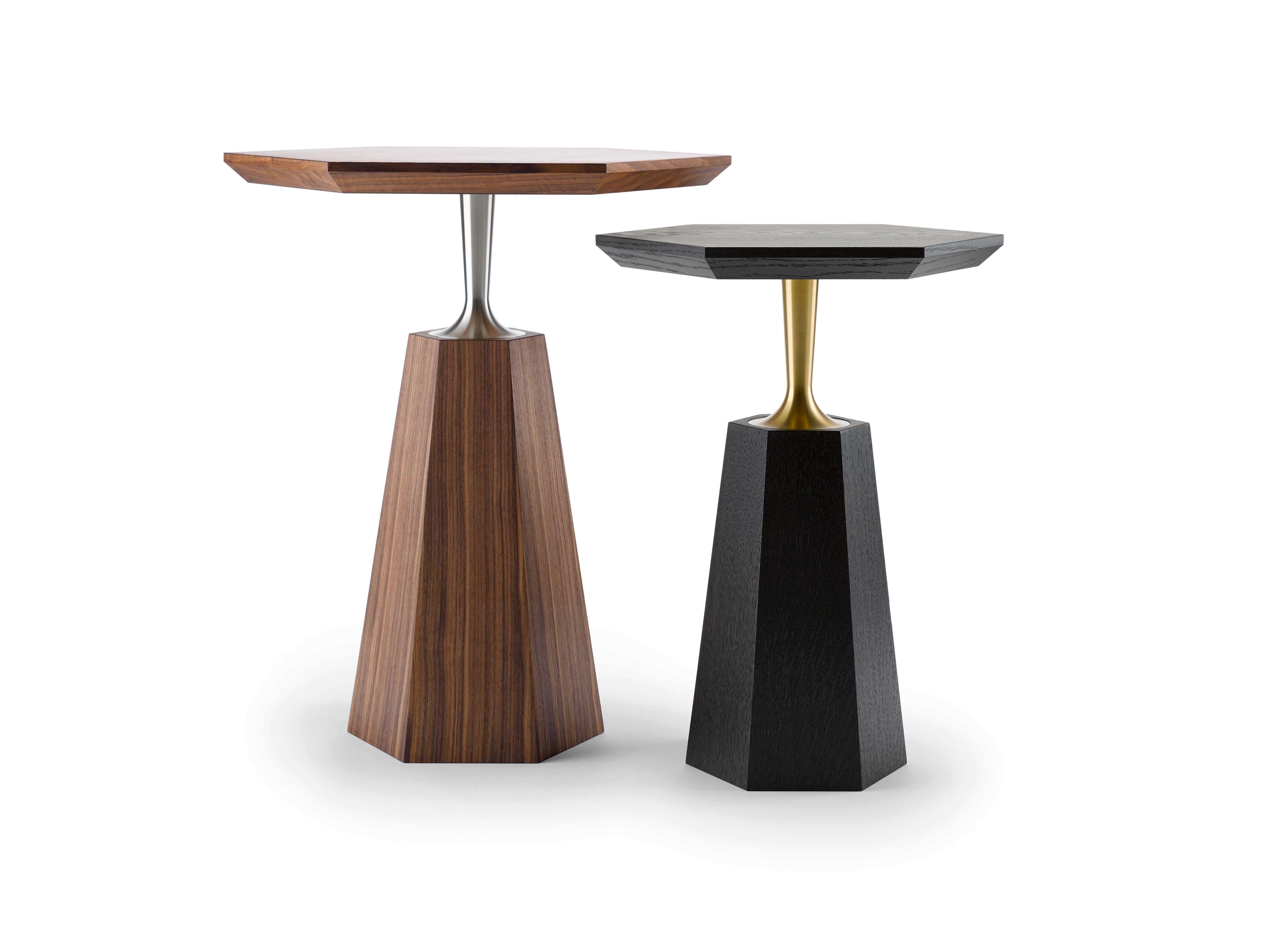 Contemporary Hex Lamp Table in Oak or Walnut and Machined turned Brass For Sale 1