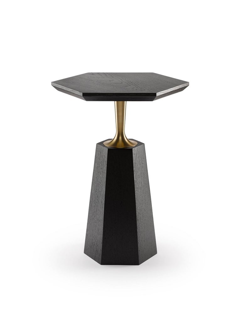 Contemporary Hex Side Table in Oak or Walnut with Machined Brass For