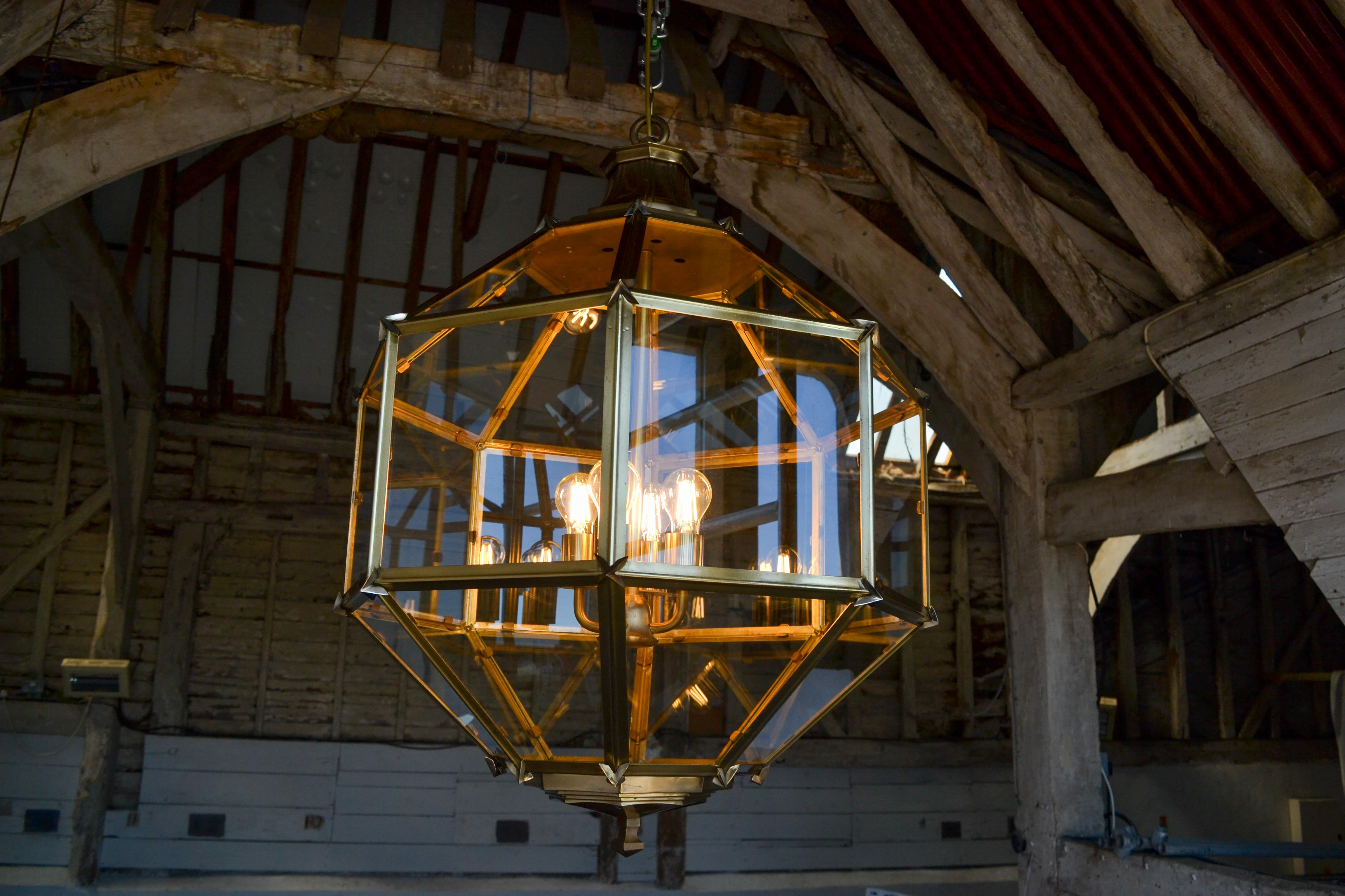 English Contemporary Hexagonal Brass Hanging Lantern For Sale