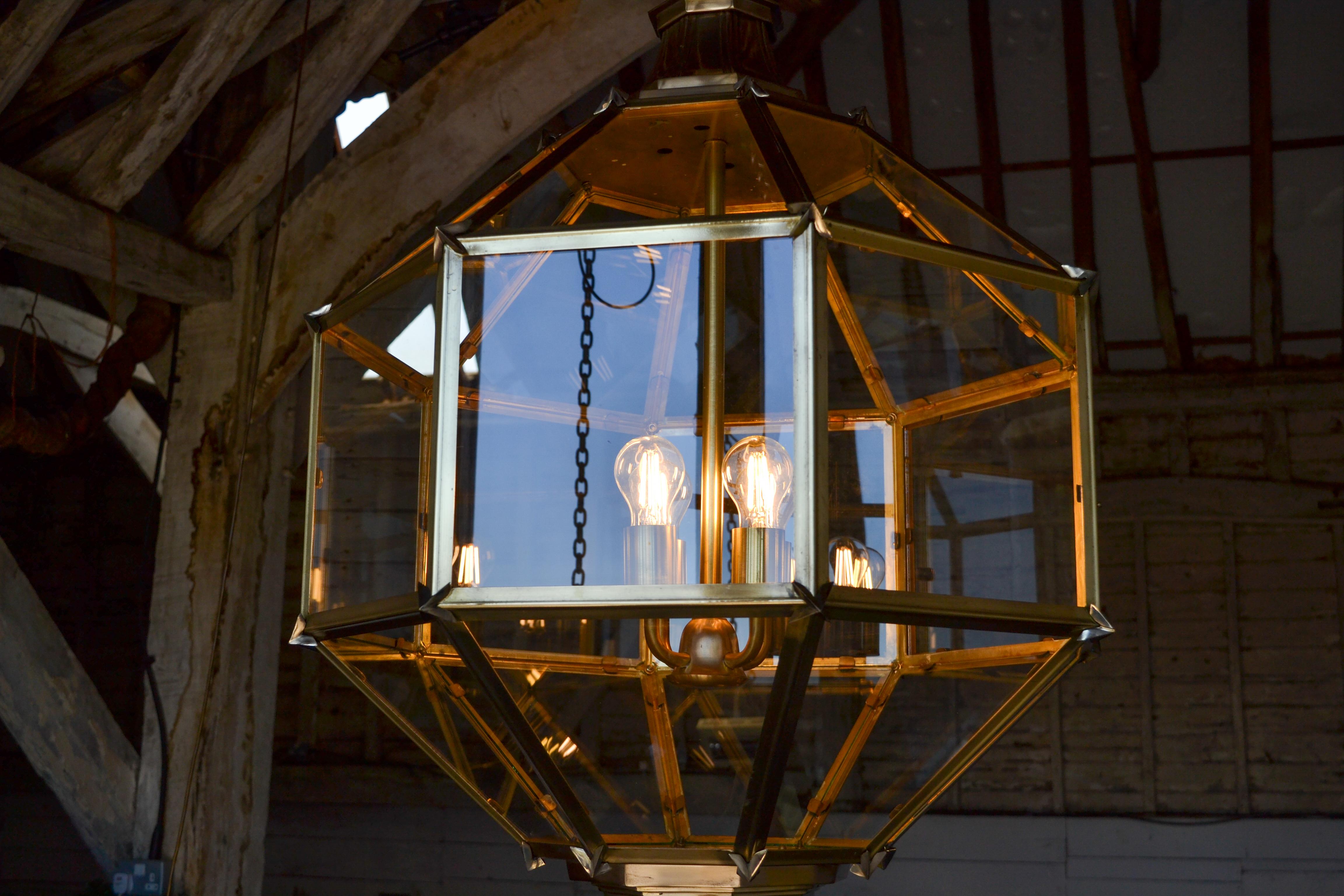 Contemporary Hexagonal Brass Hanging Lantern In Good Condition For Sale In Southall, GB