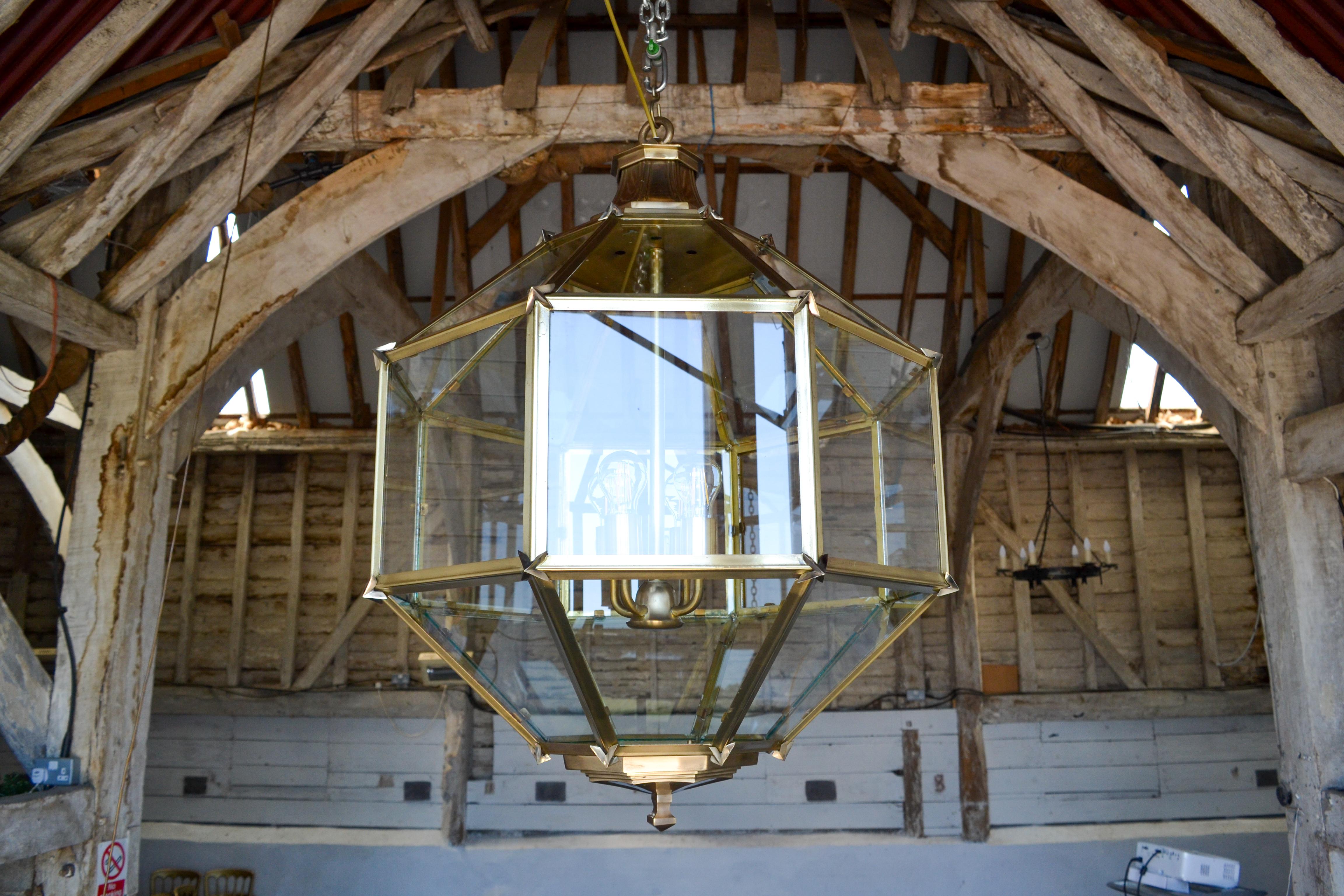Late 20th Century Contemporary Hexagonal Brass Hanging Lantern For Sale