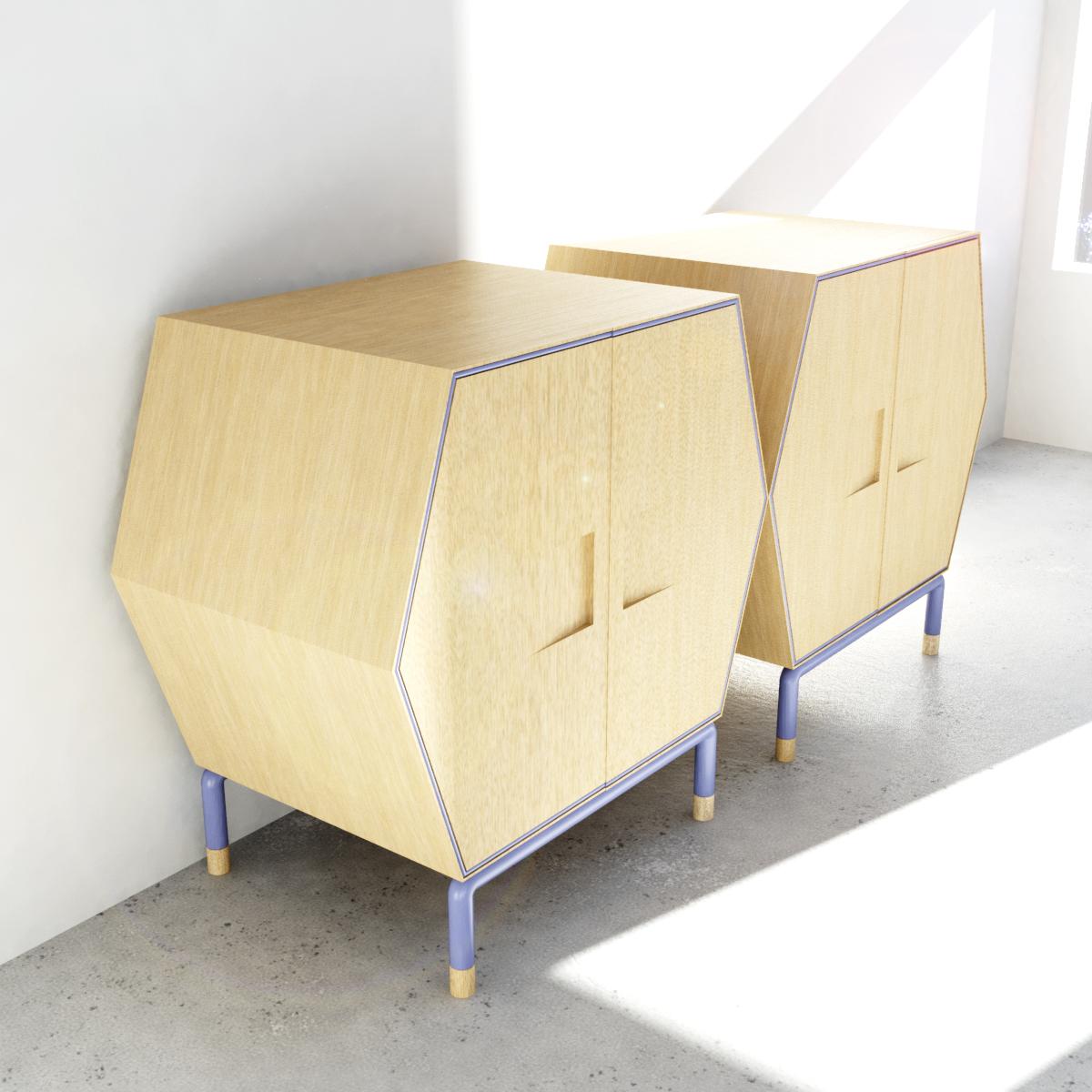 Mexican Contemporary Hexagonal Credenza in Solid Wood with Outline Metal Detail For Sale
