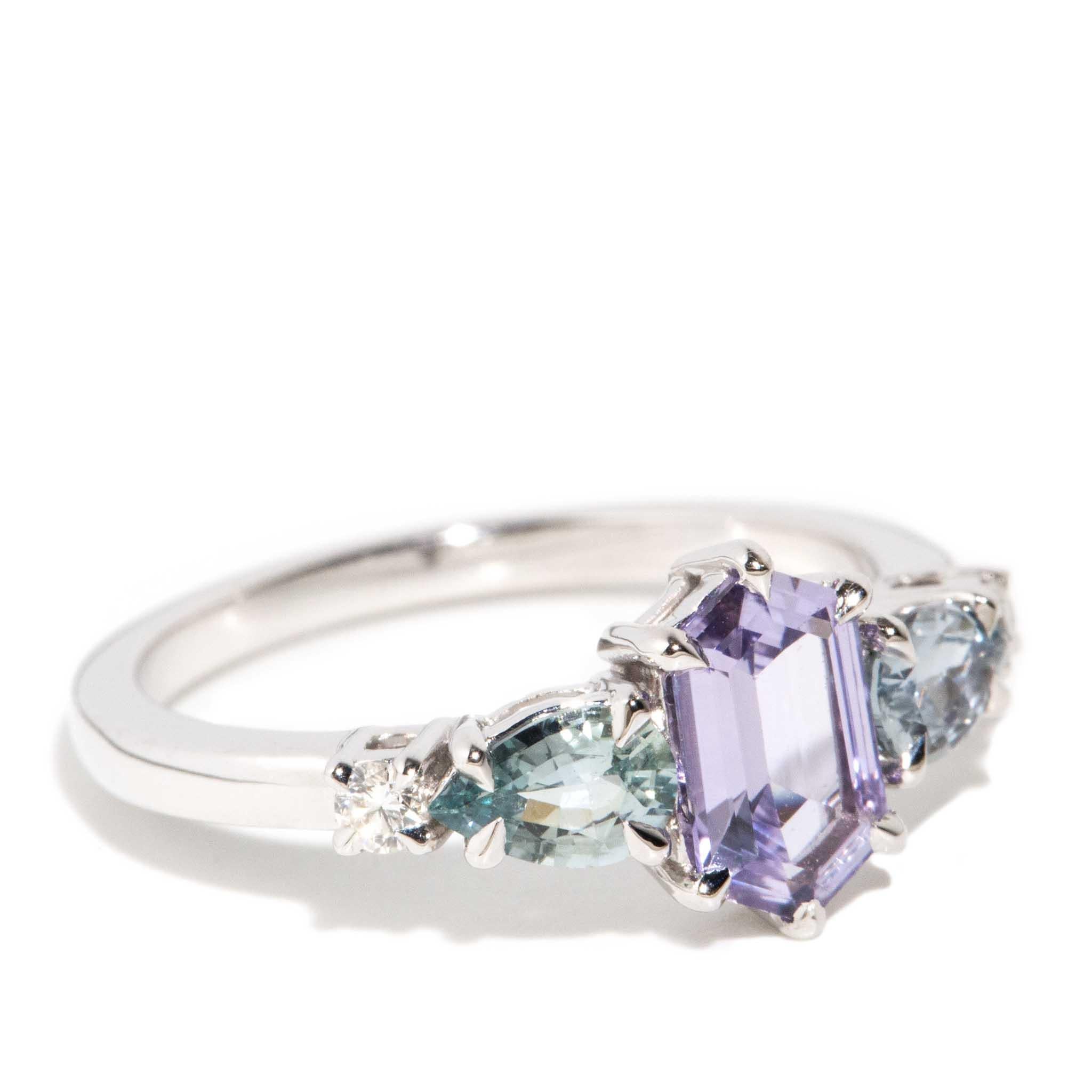 Modern Contemporary Hexagonal Sapphire & Diamond Ring 18 Carat White Gold