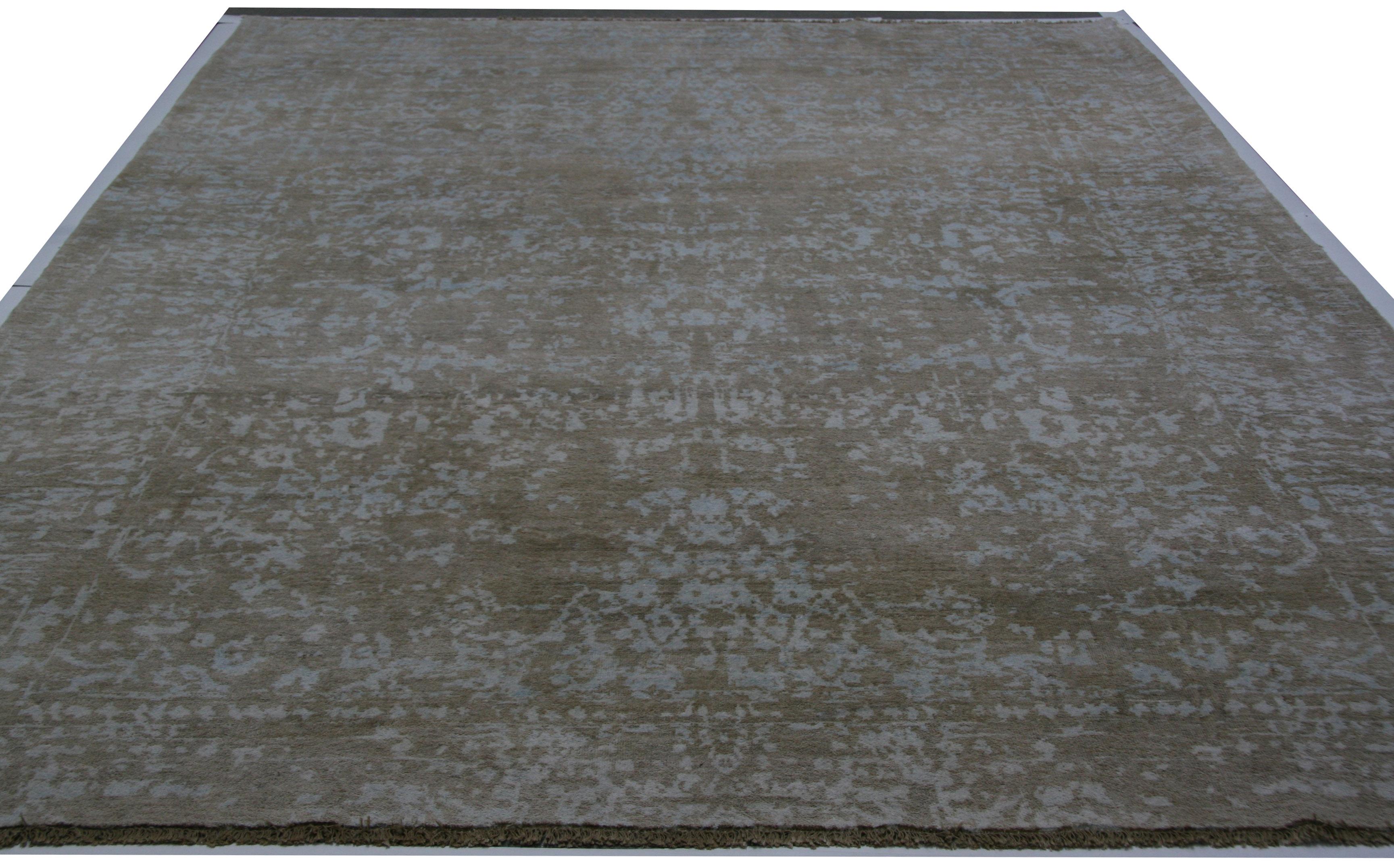 Hand-Knotted Contemporary Hi-Low Rug in Taupe and Teal For Sale