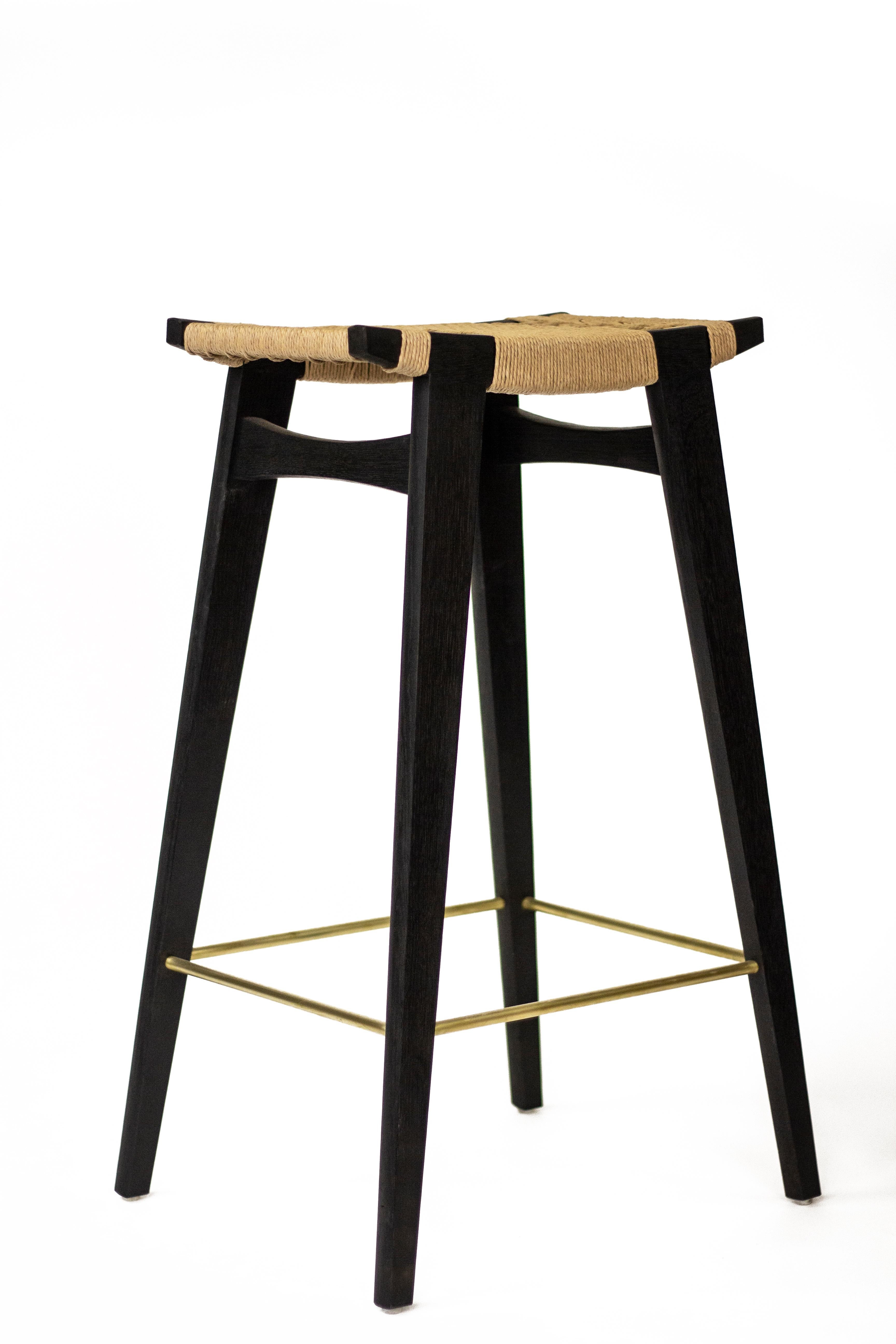 Scandinavian Modern Contemporary hi-pi Bar Stool, Ebonised Oak, Danish Cord Seat & Brass Foot Rails For Sale