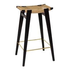 Contemporary hi-pi Bar Stool, Ebonised Oak, Danish Cord Seat & Brass Foot Rails