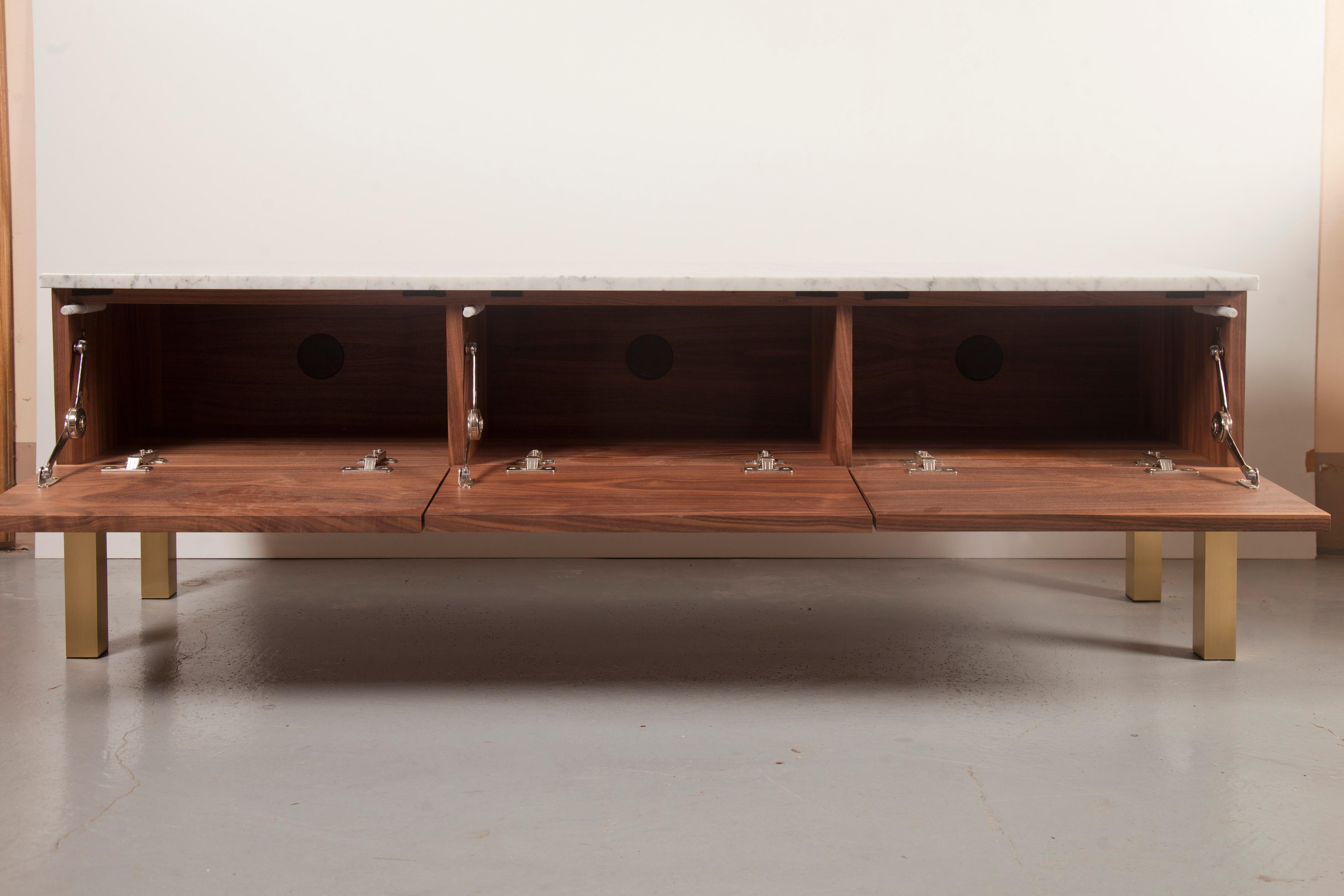 Latvian Contemporary HIFOSS Sideboard or Console in Walnut, Brass and Marble For Sale