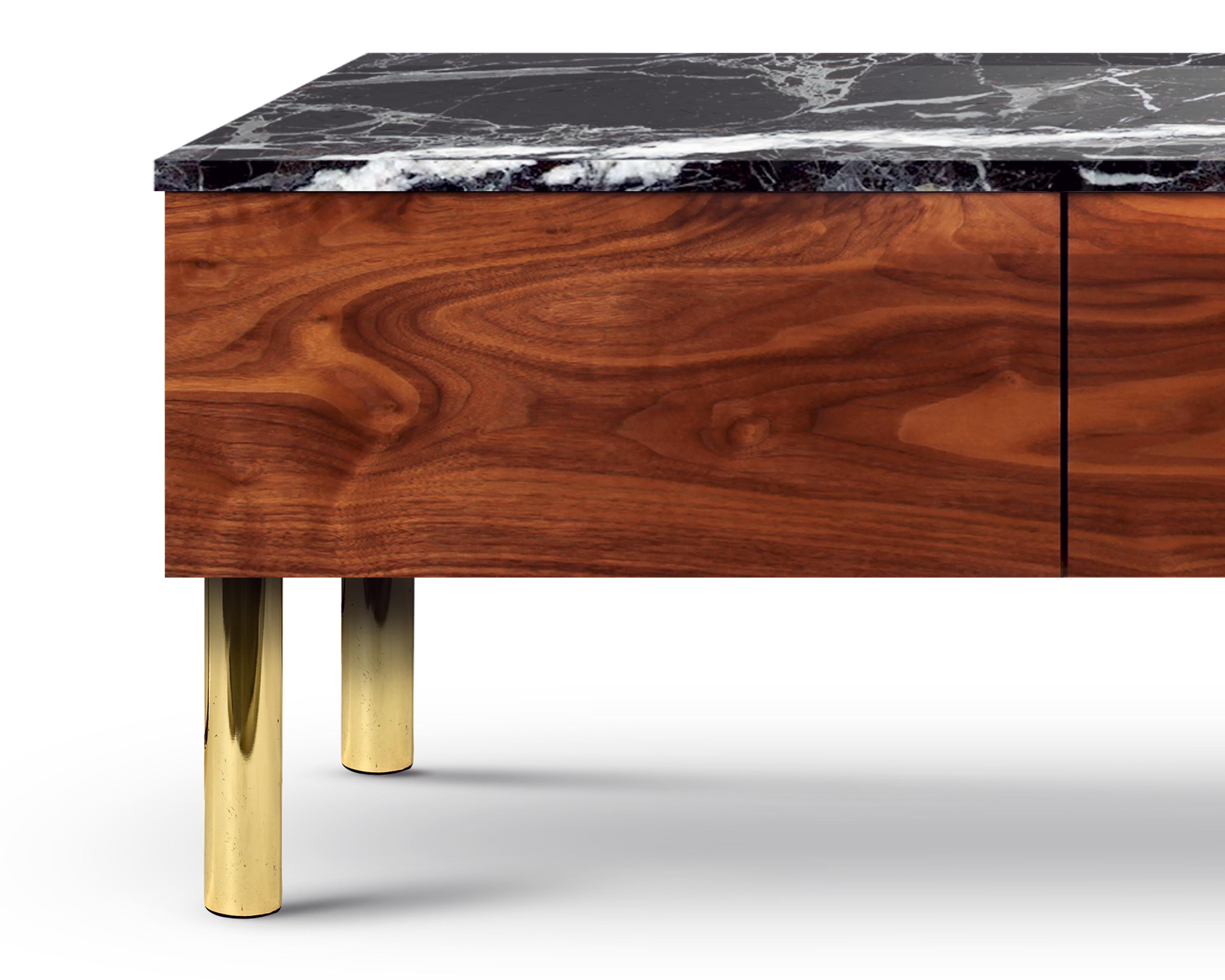 Contemporary HIFOSS Sideboard or Console in Walnut, Brass and Marble For Sale 1