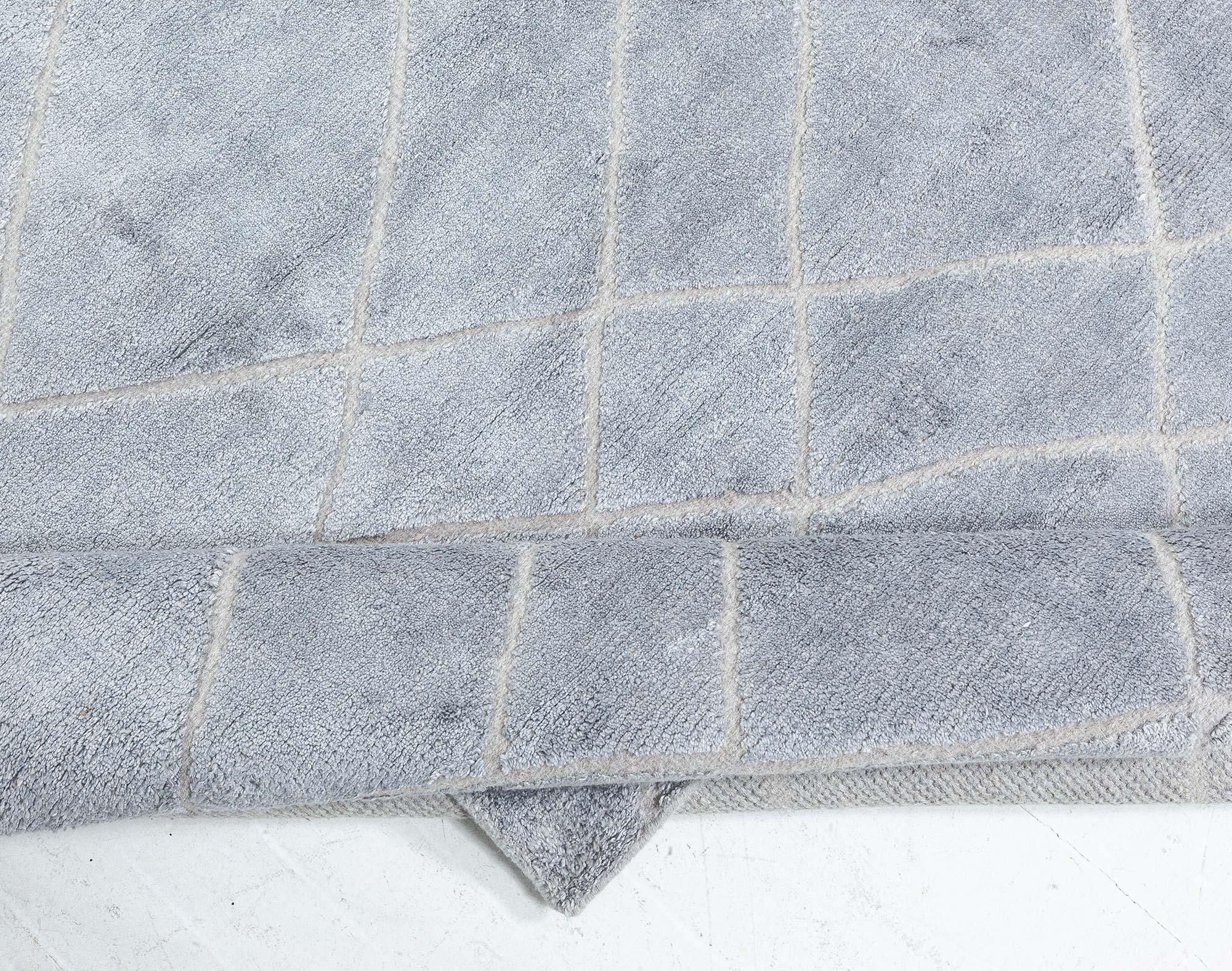 Hand-Knotted Contemporary High and Low Gray Diamond Rug For Sale