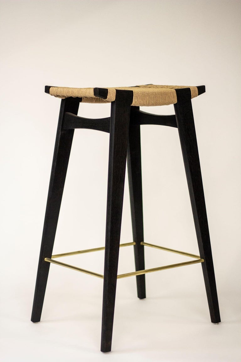 Contemporary Highpi Bar Stool, Oak with Danish Cord Seat and Brass