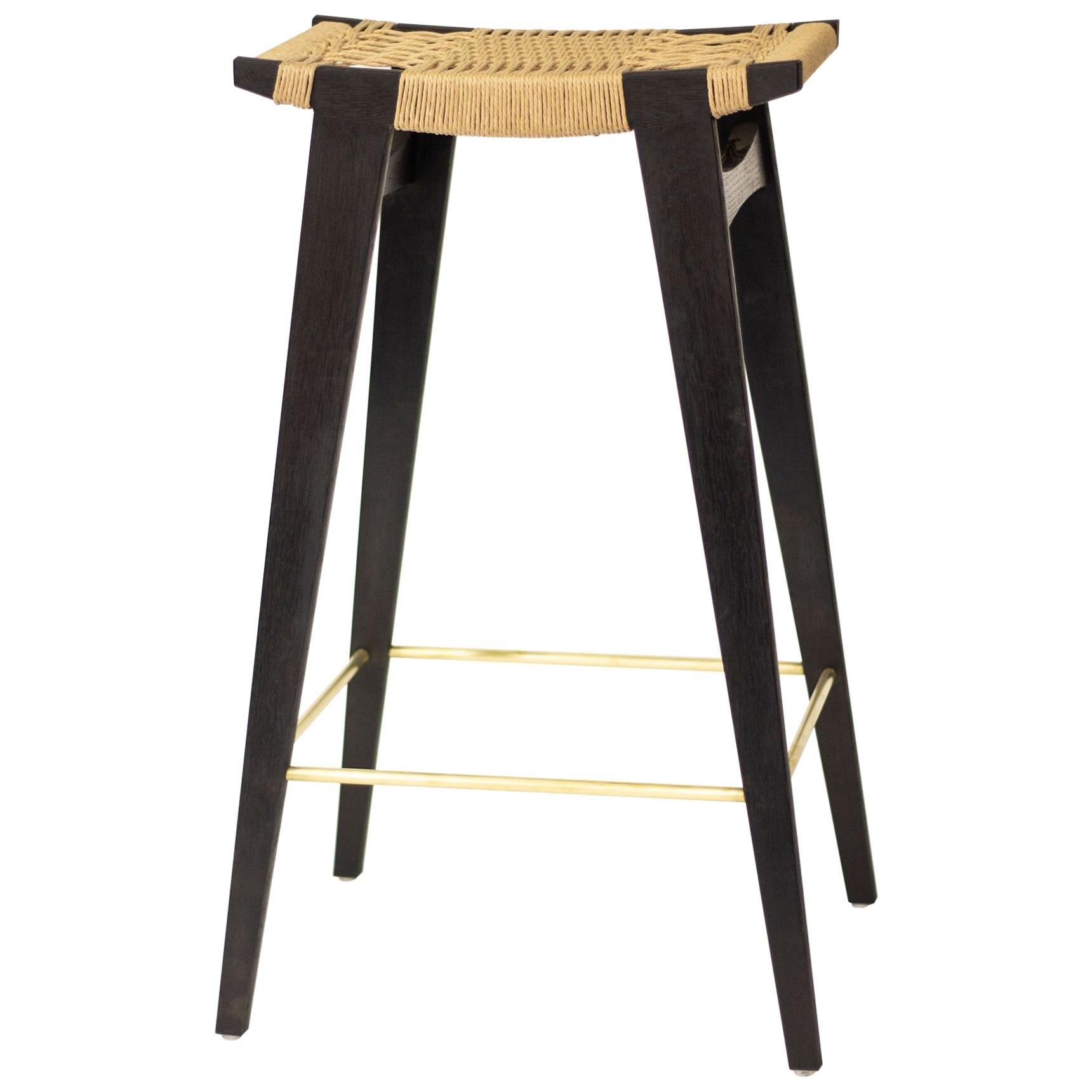 Contemporary hi-pi Bar Stool, Ebonised Oak, Danish Cord Seat & Brass Foot Rails For Sale