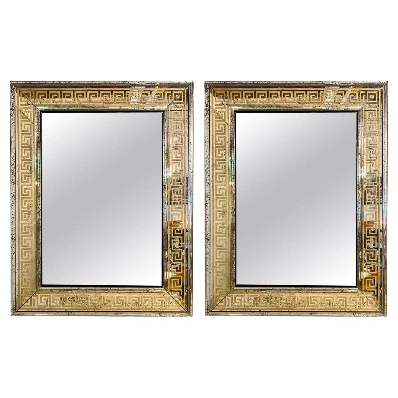 Miroirs muraux contemporains à clé grecque, style Hollywood Regency, verre gravé, 2024