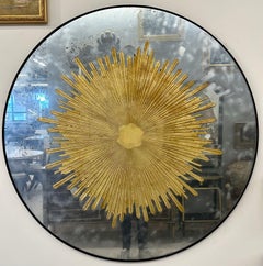 Hollywood Regency Style, Modern Round Sunburst Mirrors, Distressed Glass