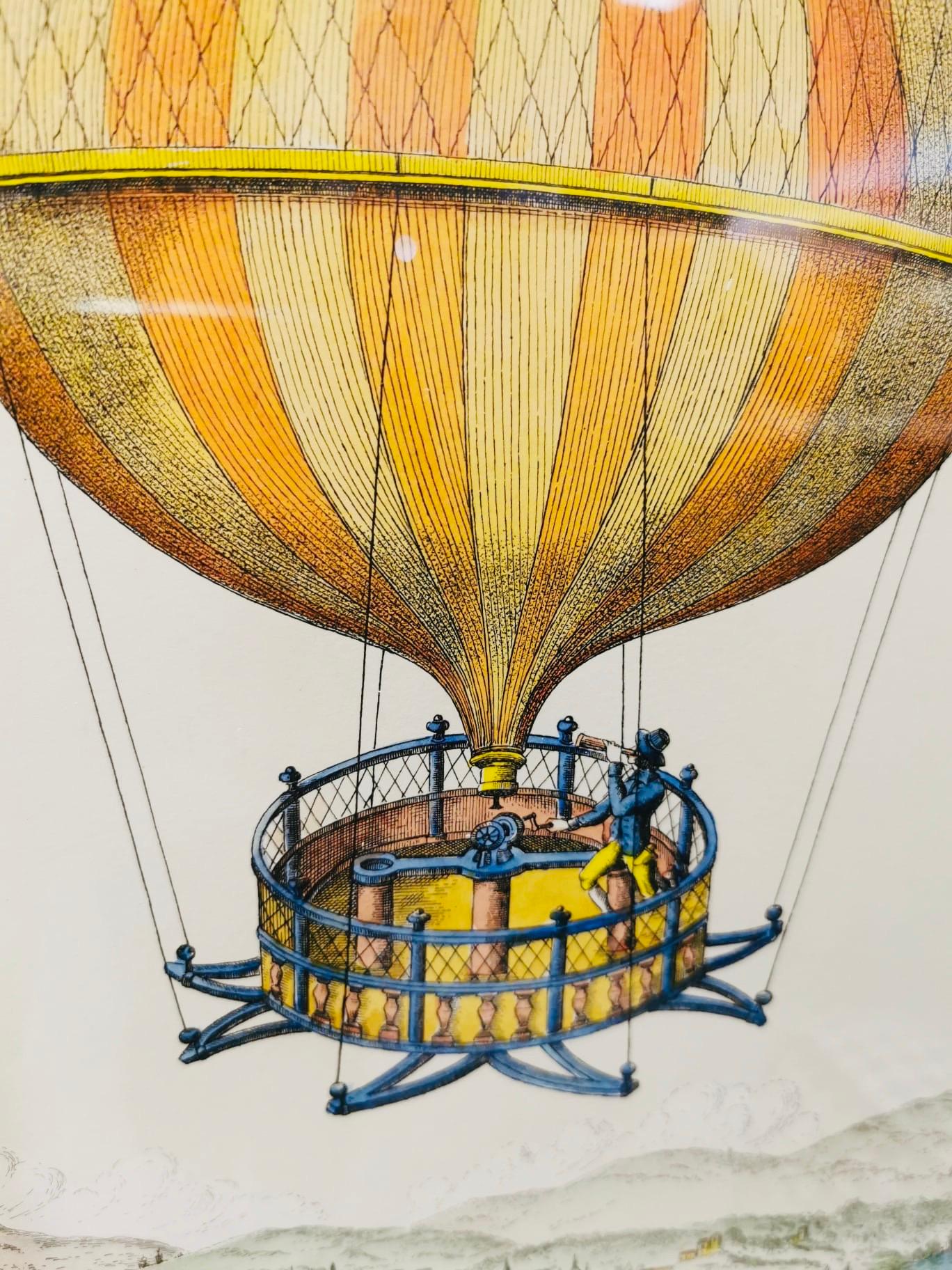 Wood Italian Contemporary Handmade Hot-Air Balloon Colored Print with Frame 1 of 3 For Sale