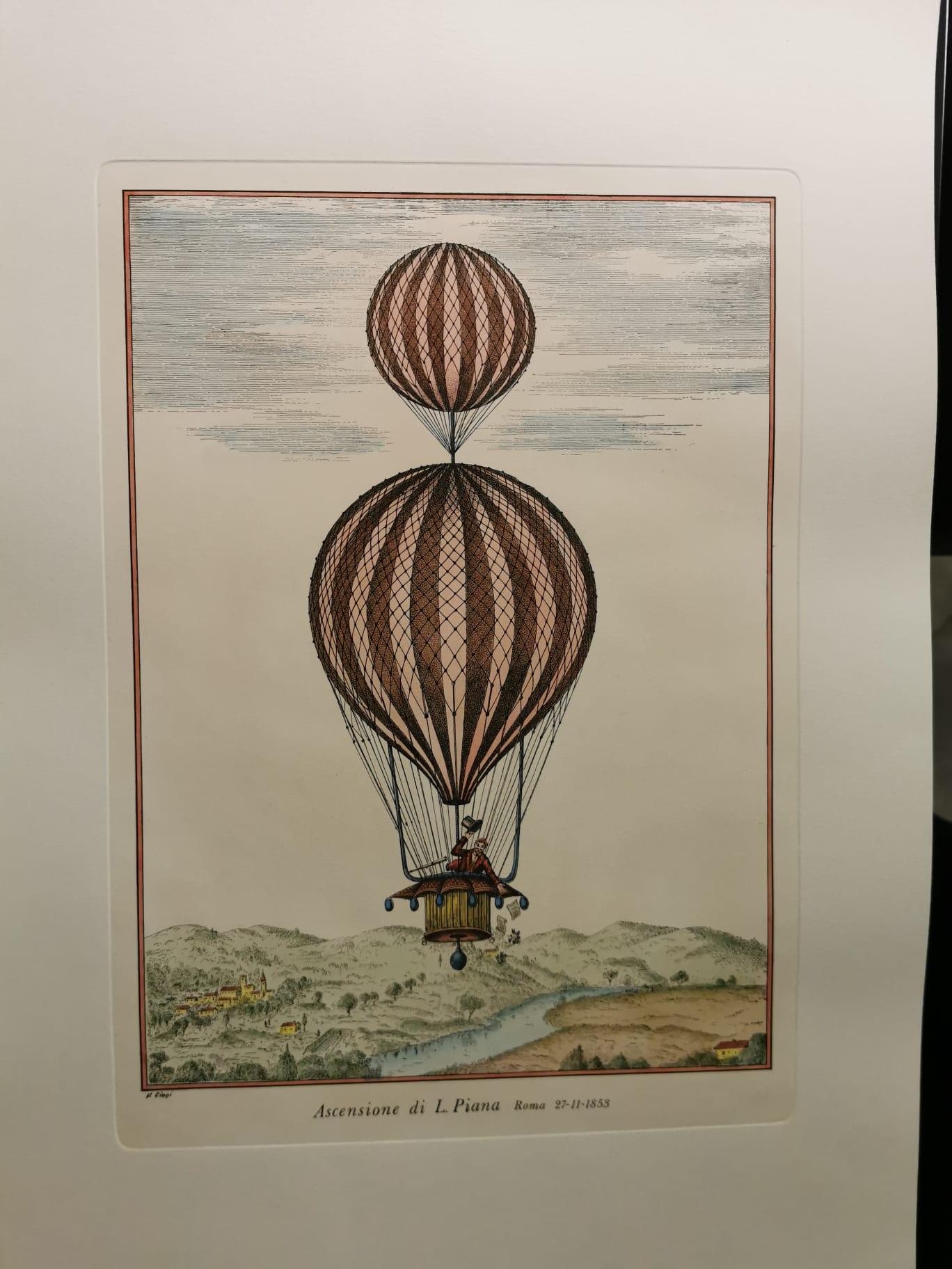 Italian Contemporary Handmade Hot-Air Balloon Colored Print with Frame 1 of 3 For Sale 1