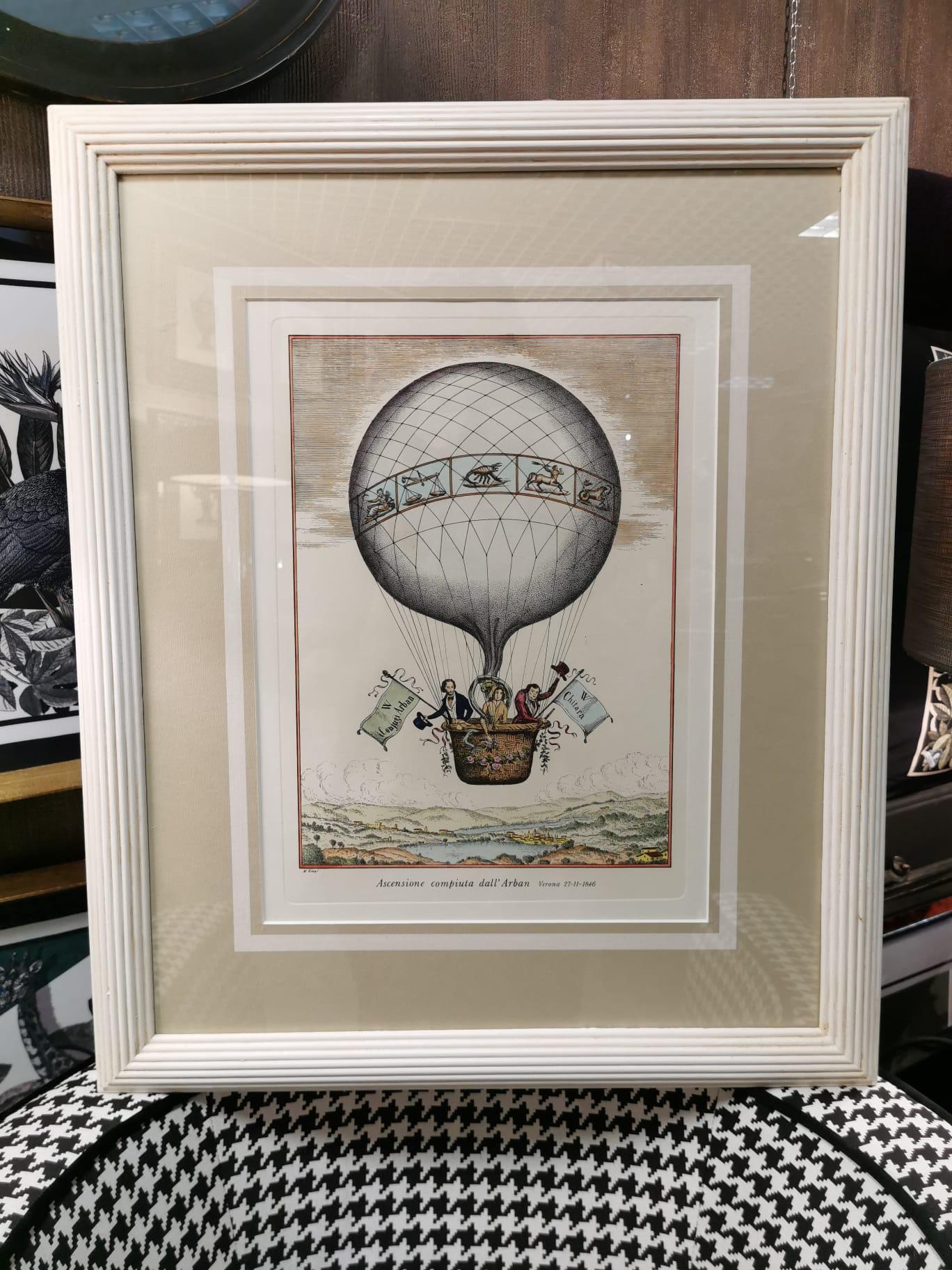 Italian Contemporary Handmade Hot-Air Balloon Colored Print with Frame 1 of 3 For Sale 2