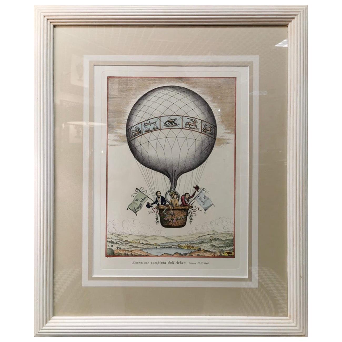 Italian Contemporary Handmade Hot-Air Balloon Colored Print with Frame 3 of 3