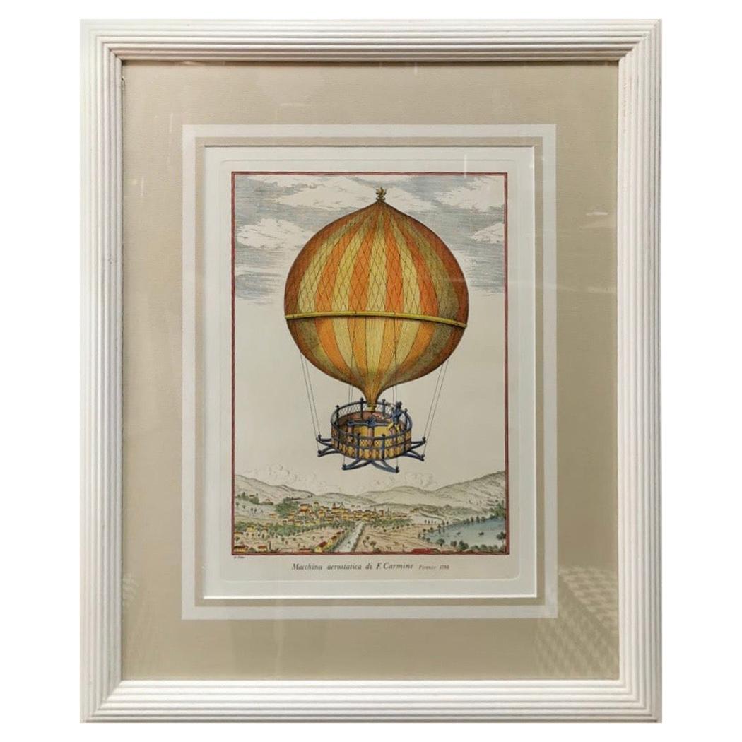 Italian Contemporary Handmade Hot-Air Balloon Colored Print with Frame 1 of 3 For Sale