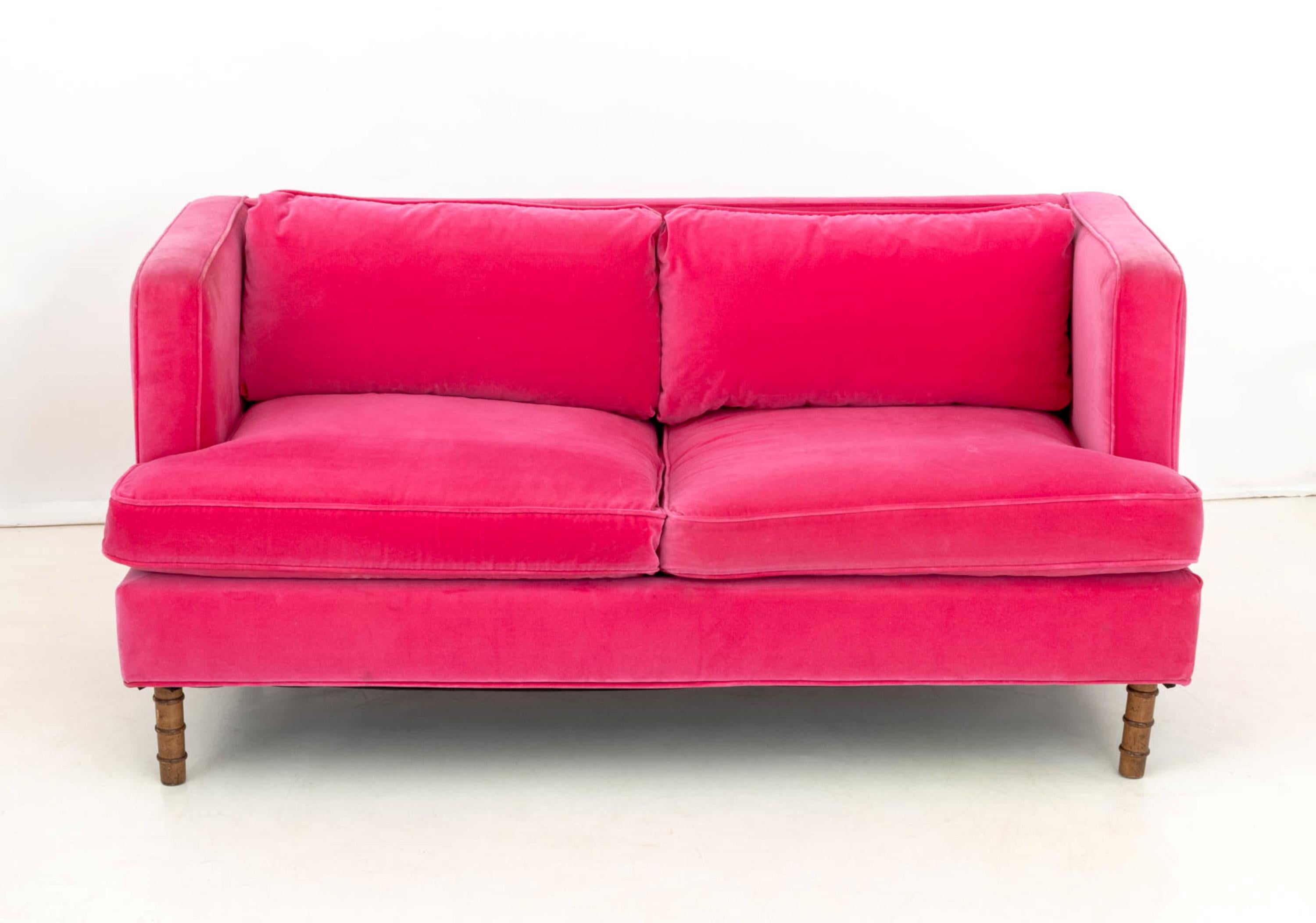 Modern Contemporary Hot Pink Velvet Upholstered Loveseat For Sale