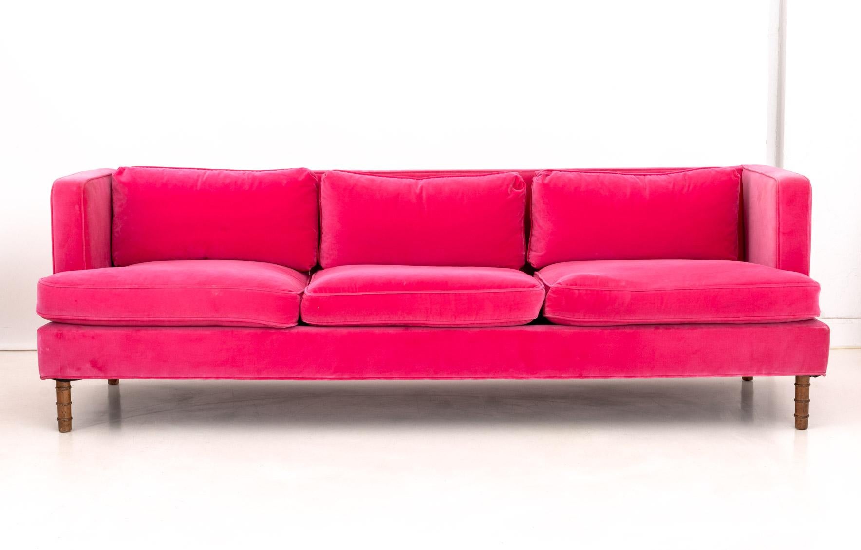 Contemporary Hot Pink Velvet Upholstered Sofa, on four faux bamboo turned wood feet. 29