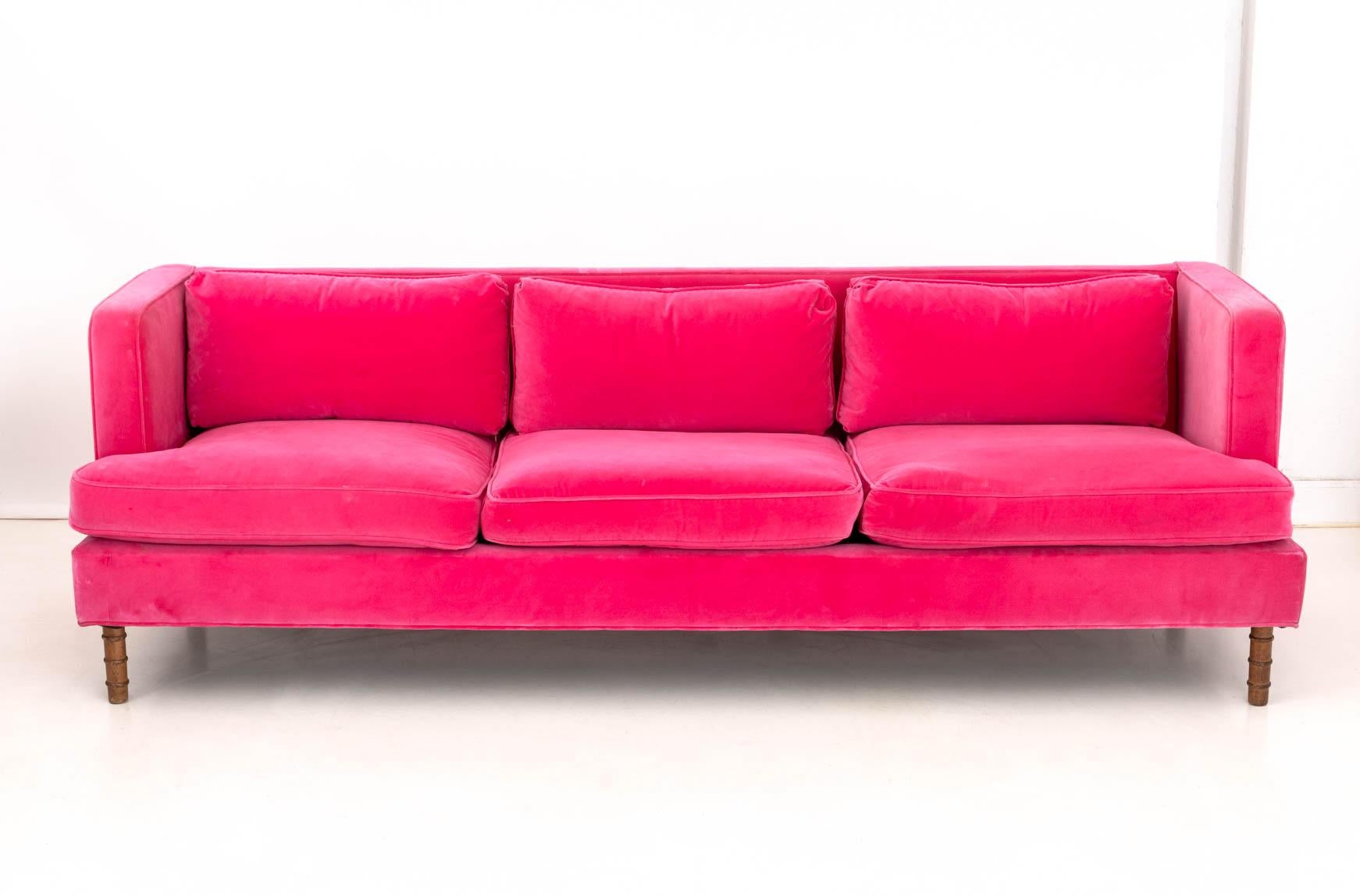 Modern Contemporary Hot Pink Velvet Upholstered Sofa For Sale