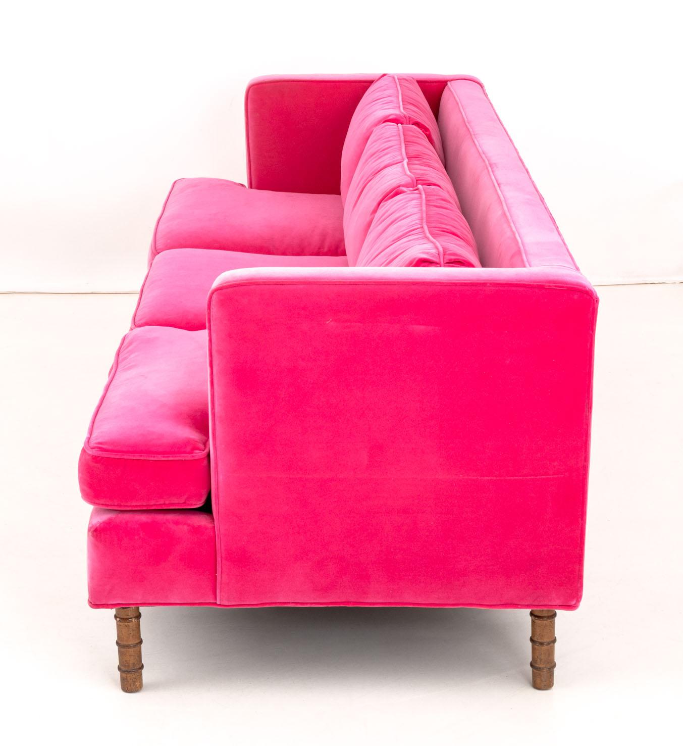 Contemporary Hot Pink Velvet Upholstered Sofa In Good Condition For Sale In Astoria, NY
