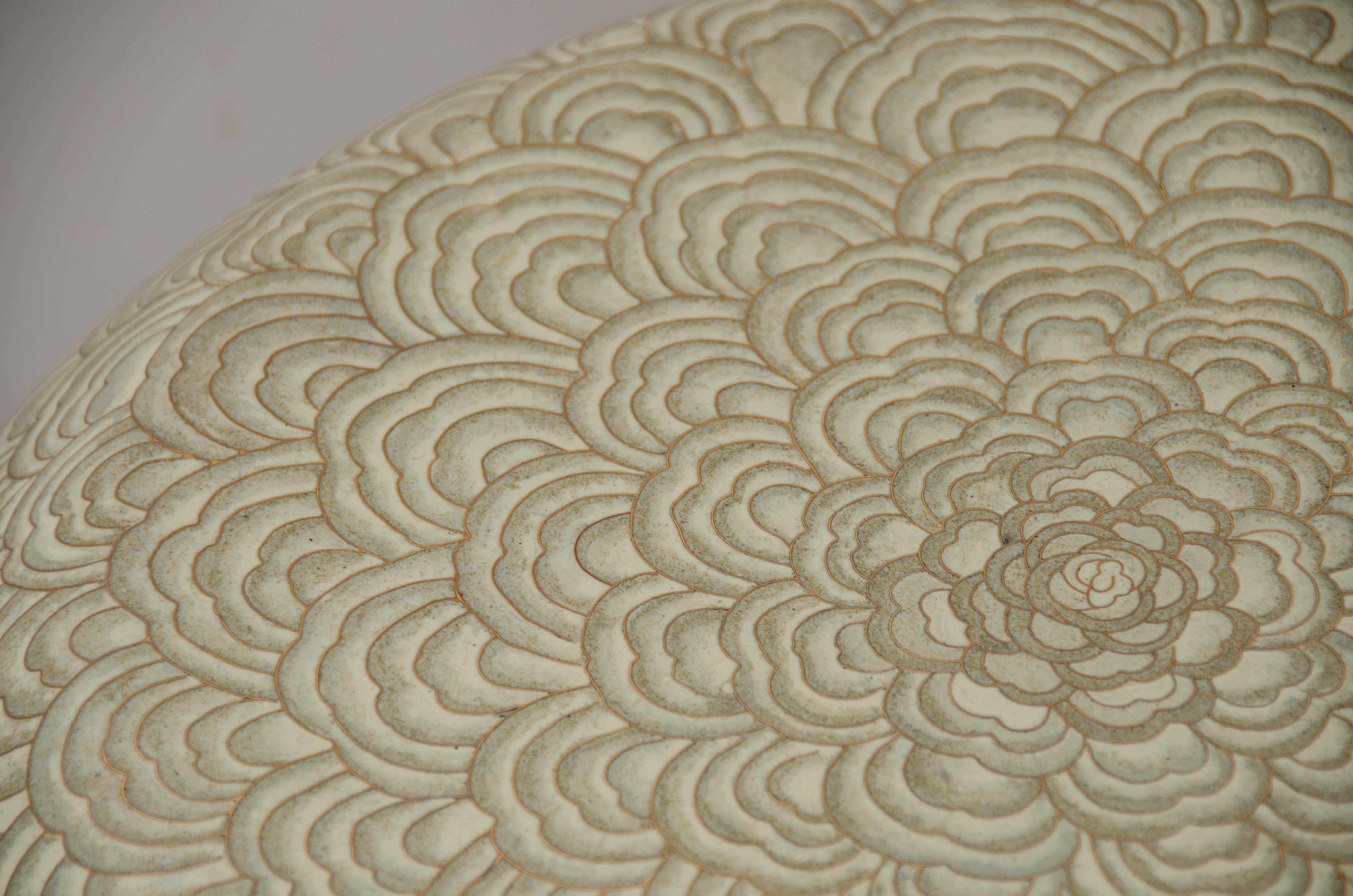 Cloissoné Contemporary Hua Design Low Cloisonné Drumstool in Moss by Robert Kuo For Sale
