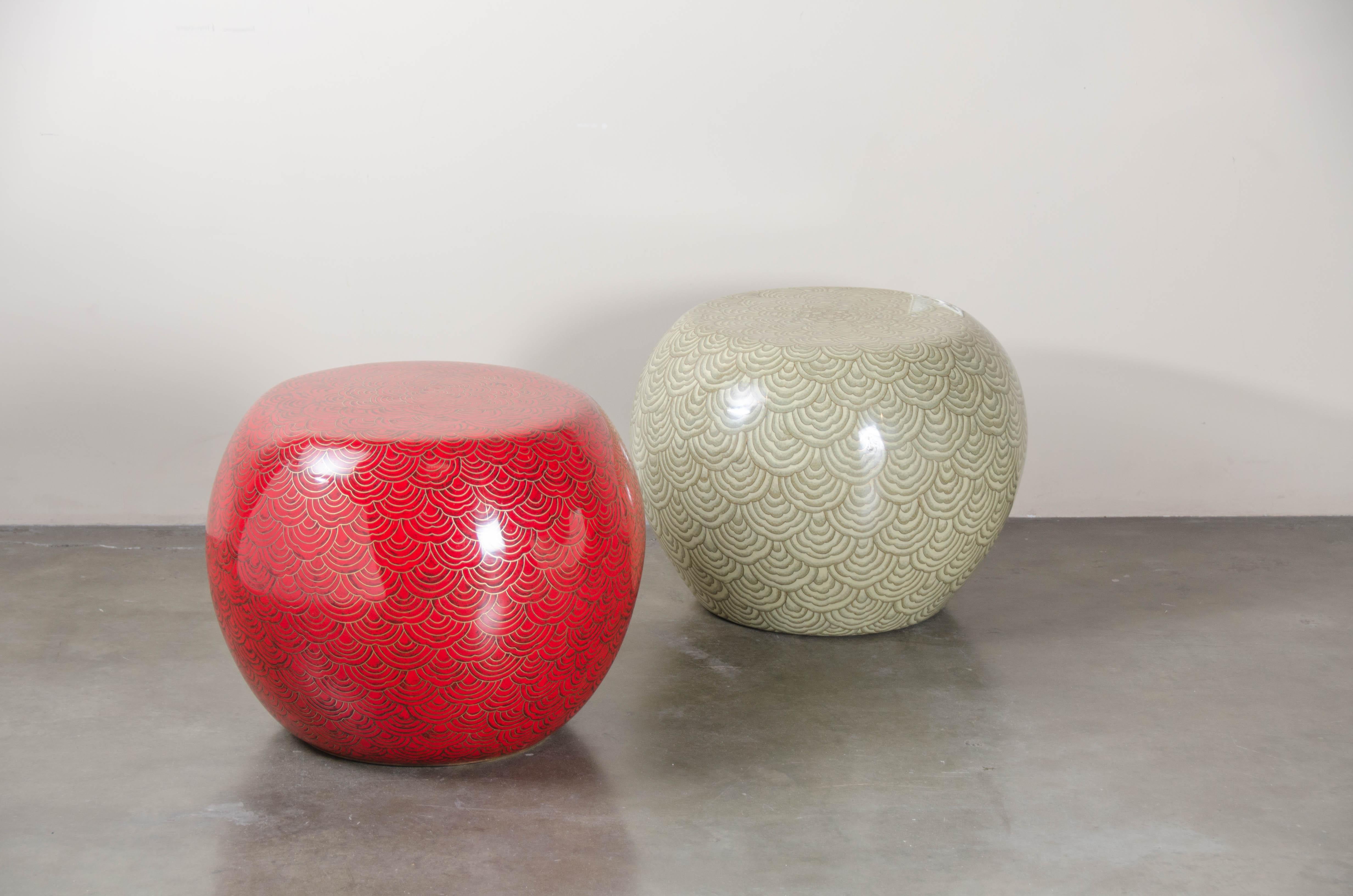 Contemporary Hua Design Low Cloisonné Drumstool in Moss by Robert Kuo In New Condition For Sale In Los Angeles, CA