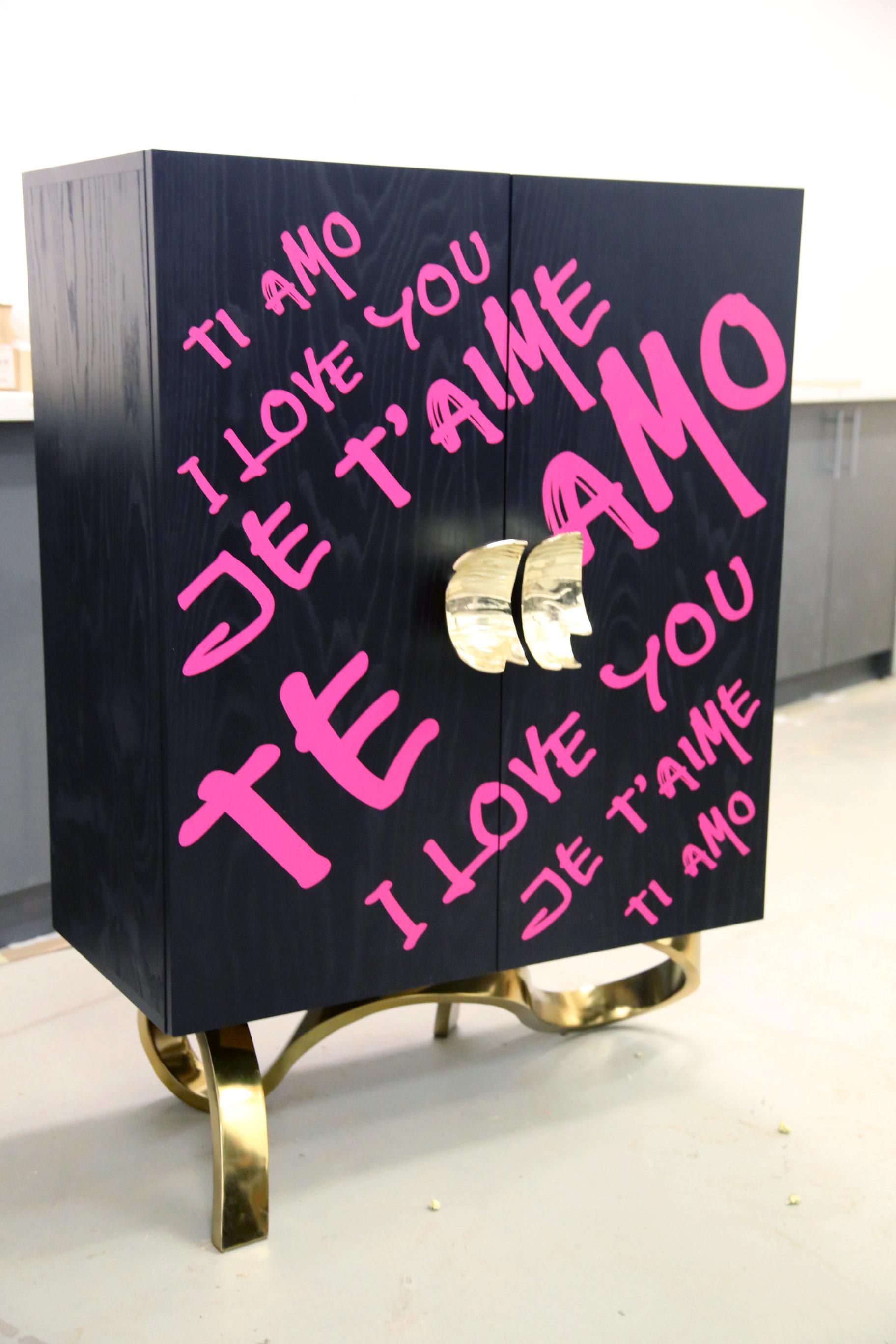 Modern Contemporary I LOVE YOU cabinet by Railis Design. Black, Gold, Pink. For Sale