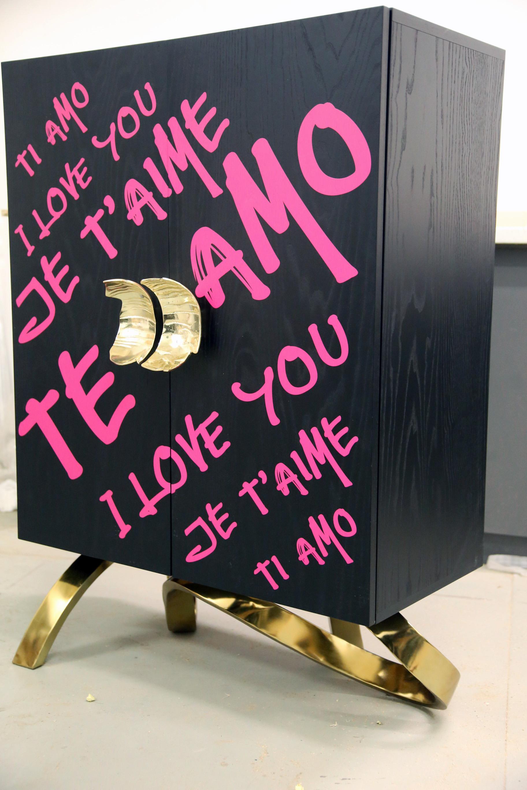 Latvian Contemporary I LOVE YOU cabinet by Railis Design. Black, Gold, Pink. For Sale