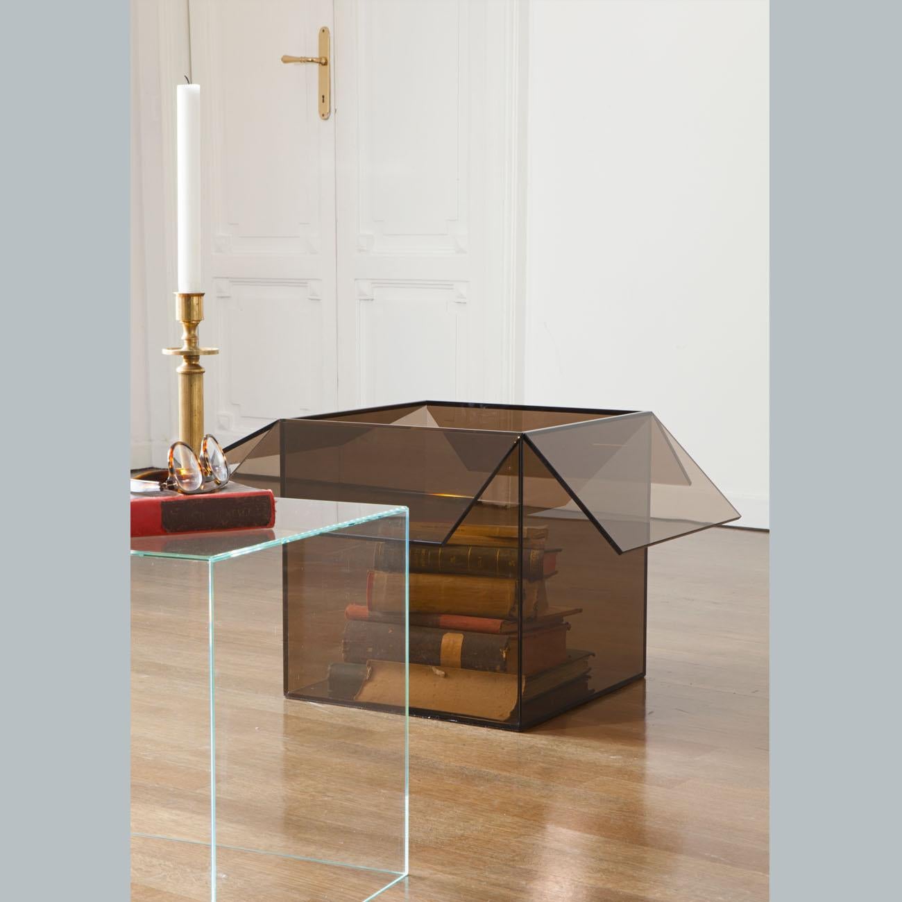 Minimalist Contemporary Iconic Storage/Side Table in Glass For Sale